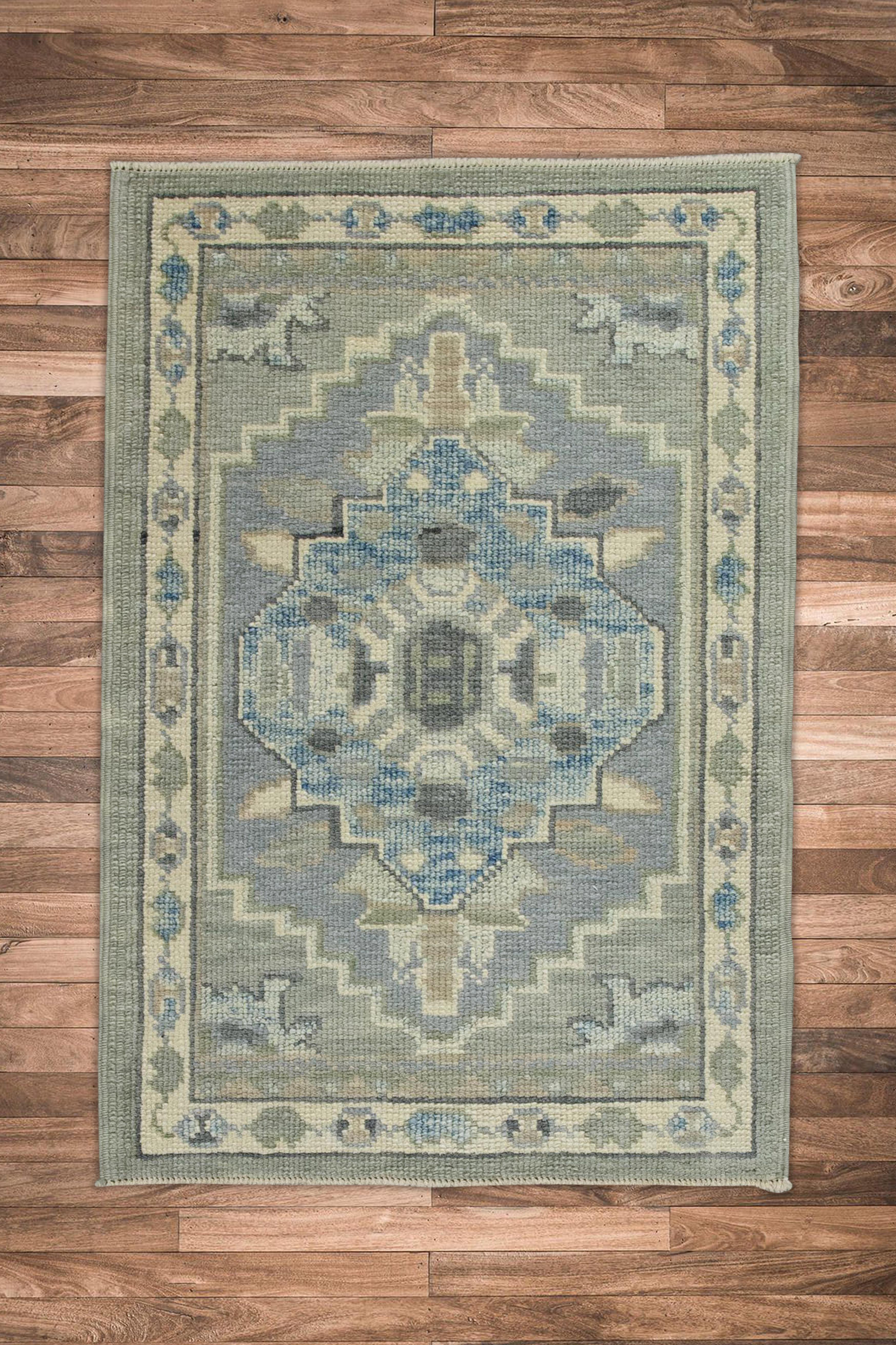 Contemporary Grey & Blue Geometric Design Handwoven Wool Turkish Oushak Rug For Sale