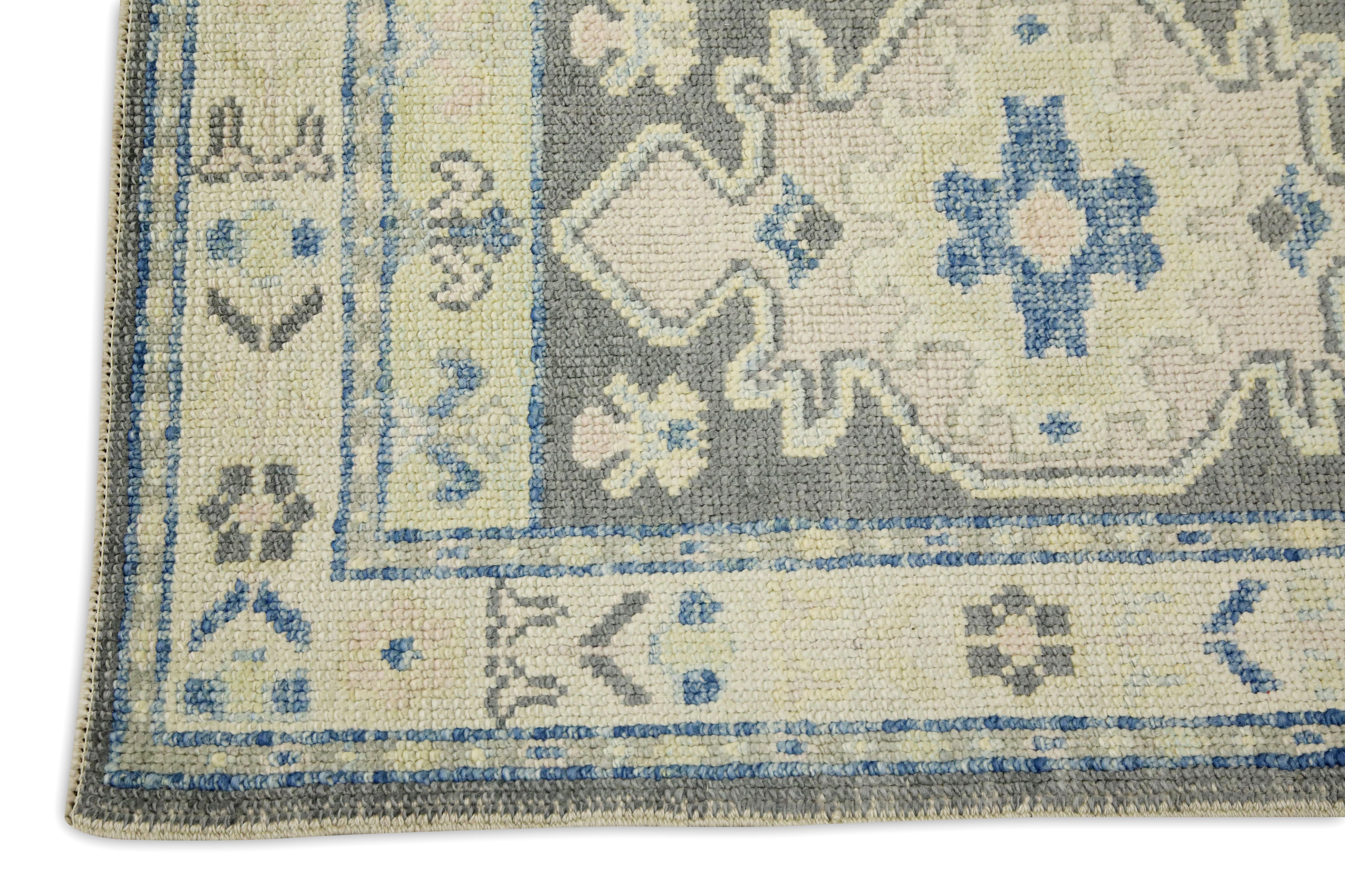 Vegetable Dyed Gray & Blue Geometric Design Handwoven Wool Turkish Oushak Rug For Sale