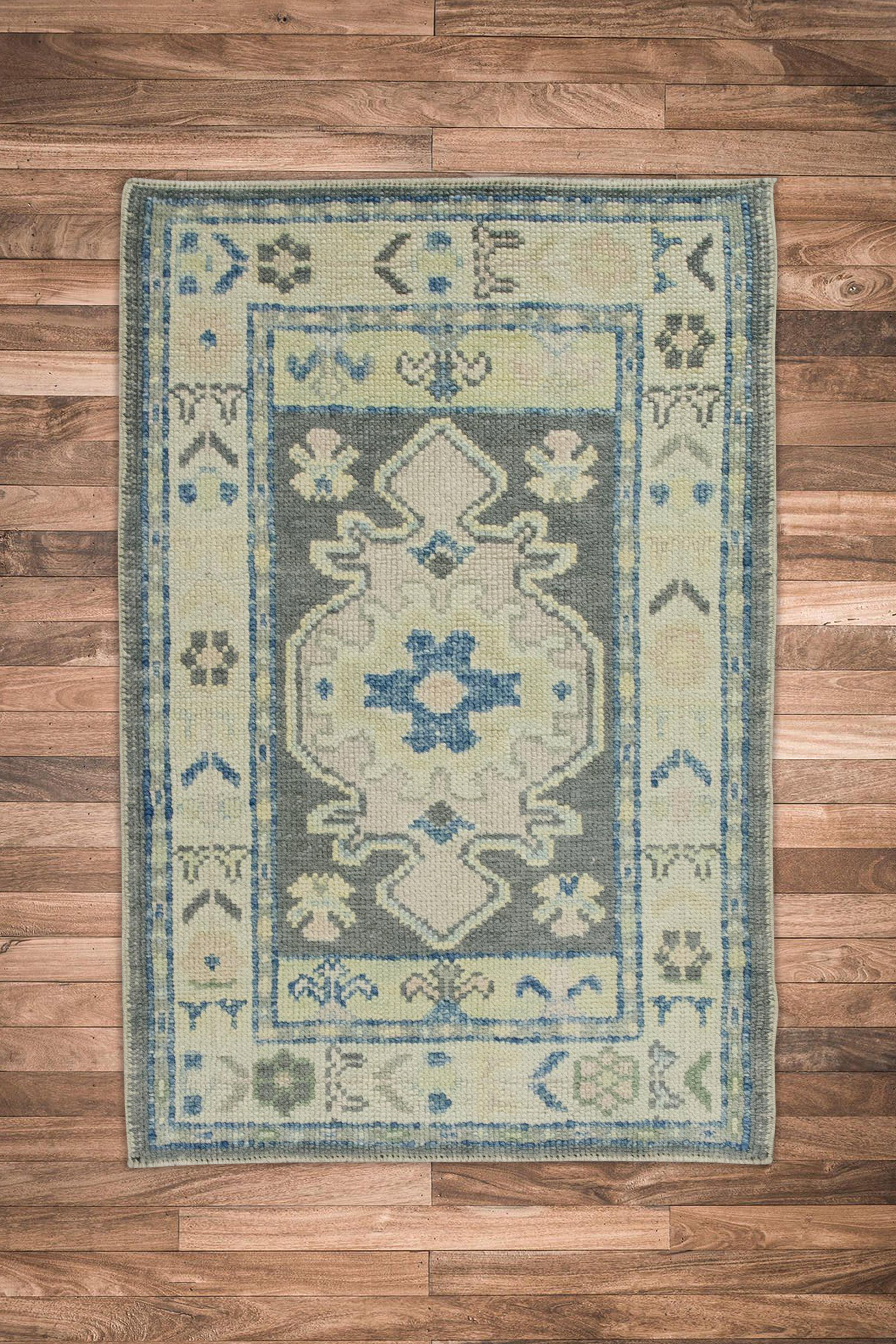 Contemporary Gray & Blue Geometric Design Handwoven Wool Turkish Oushak Rug For Sale