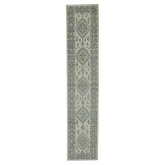 Gray & Blue Geometric Design Handwoven Wool Turkish Oushak Runner 2'10" x 12'9"