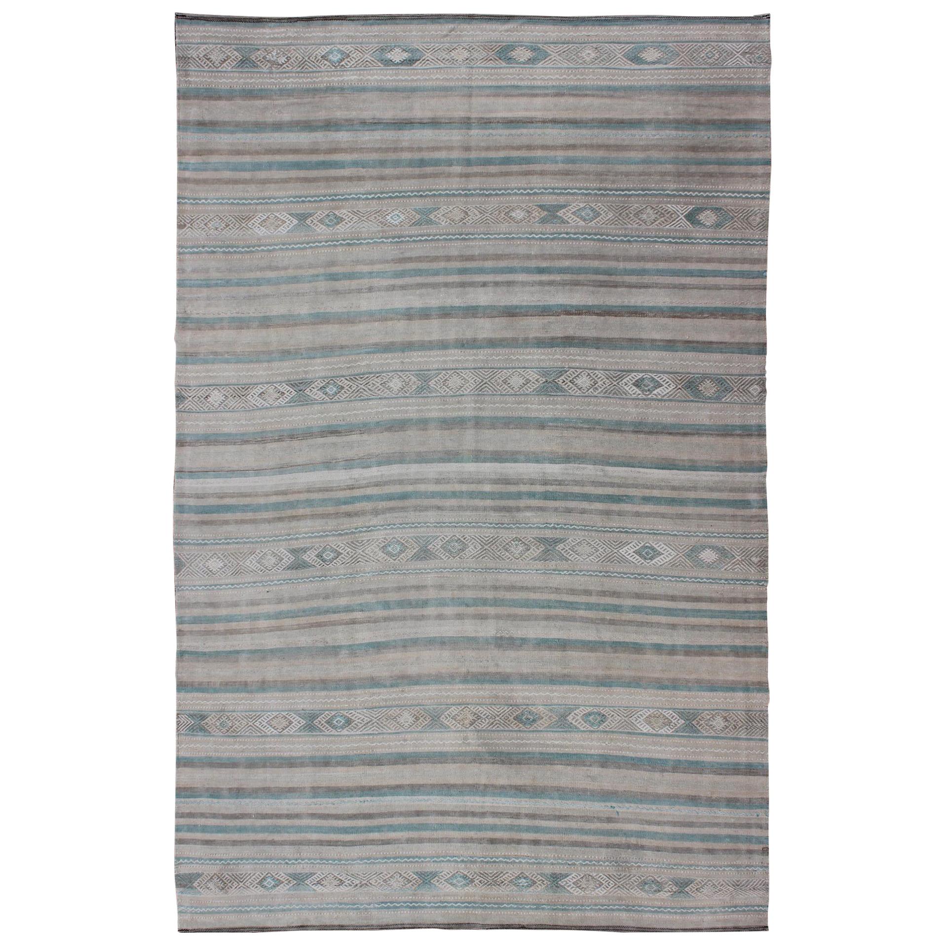Gray, Blue Green, Taupe, and Camel Vintage Turkish Kilim with Geometric