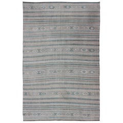 Gray, Blue Green, Taupe, and Camel Vintage Turkish Kilim with Geometric