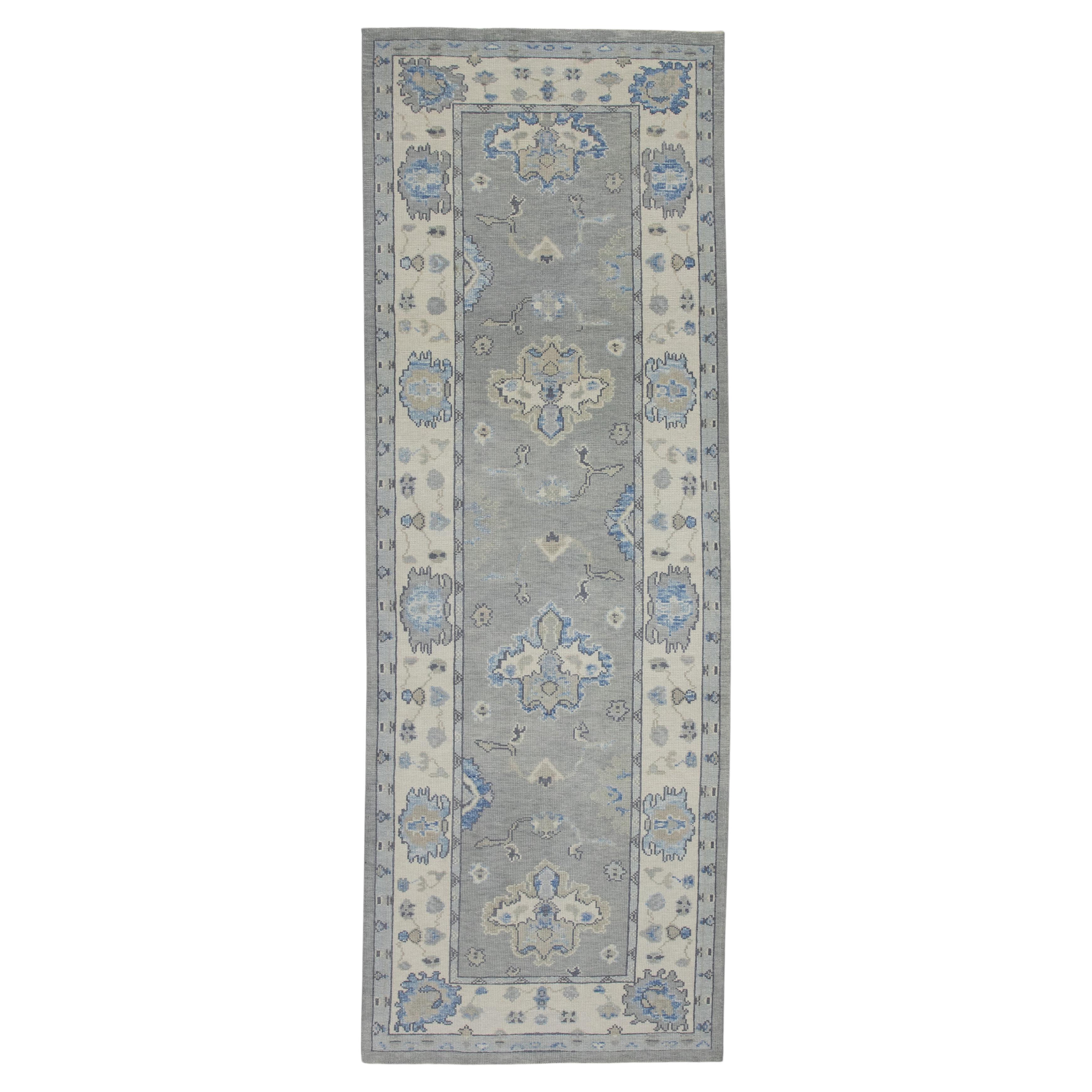 Gray & Blue Handwoven Wool Turkish Oushak Runner 4' X 11'4"