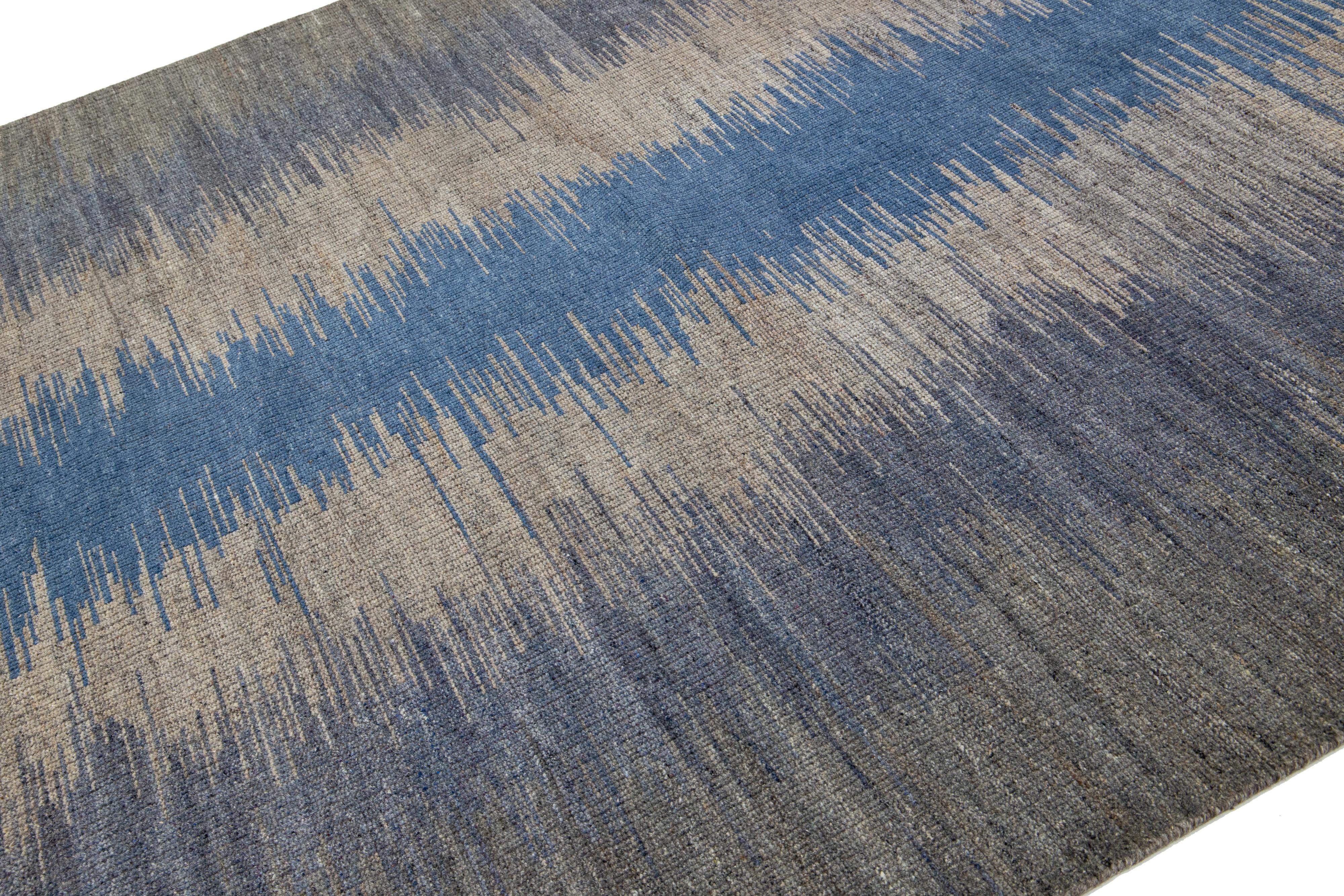 Indian Gray & Blue Modern Kilim Flatweave Wool Rug with Art Deco Design  For Sale