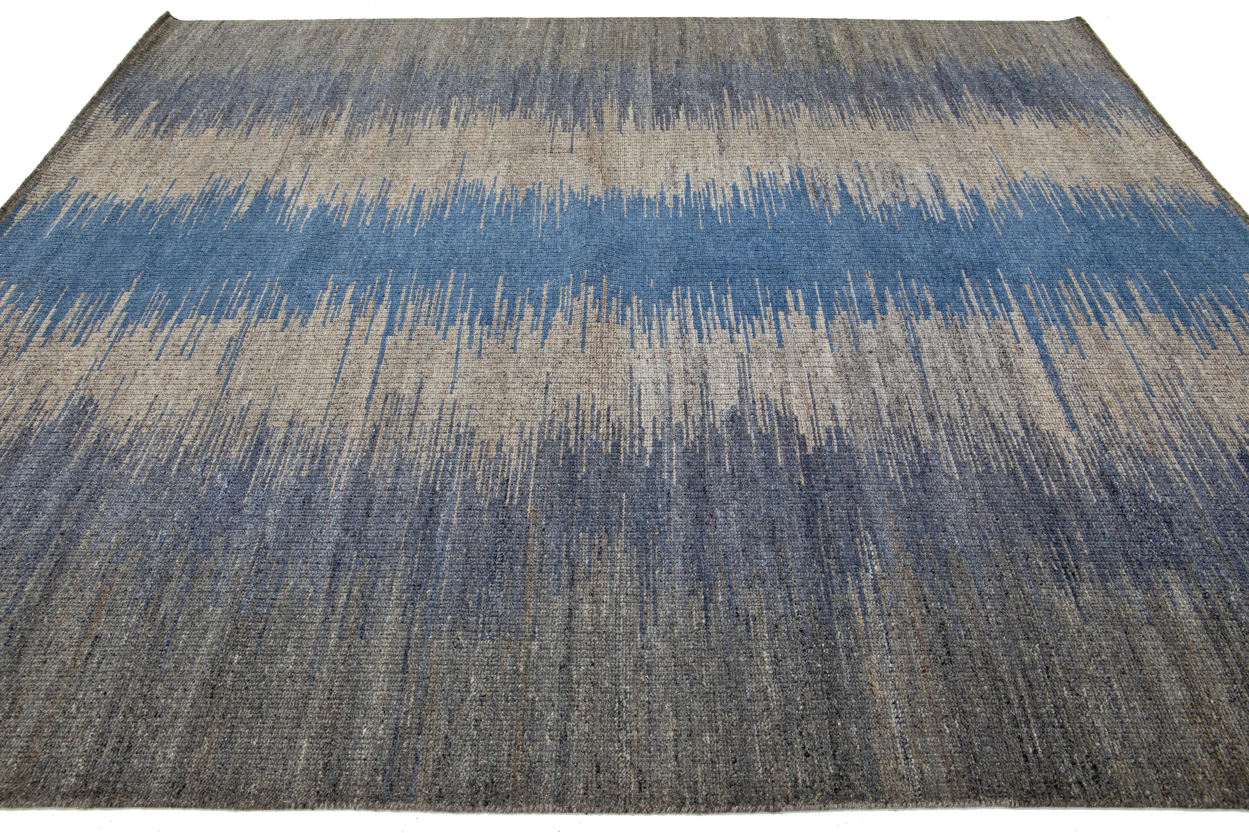 Hand-Knotted Gray & Blue Modern Kilim Flatweave Wool Rug with Art Deco Design  For Sale