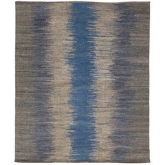 Moderner Flachgewebter Kelim-Wollteppich in Grau & Blau mit Art déco-Design