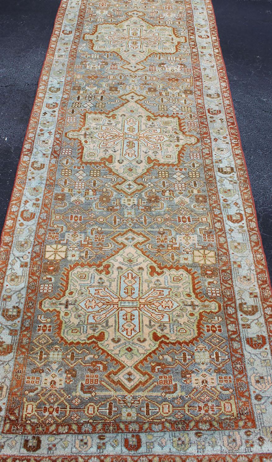 Gray Blue and Rust Antique Persian Long Malayer Runner with Geometric Design For Sale 5