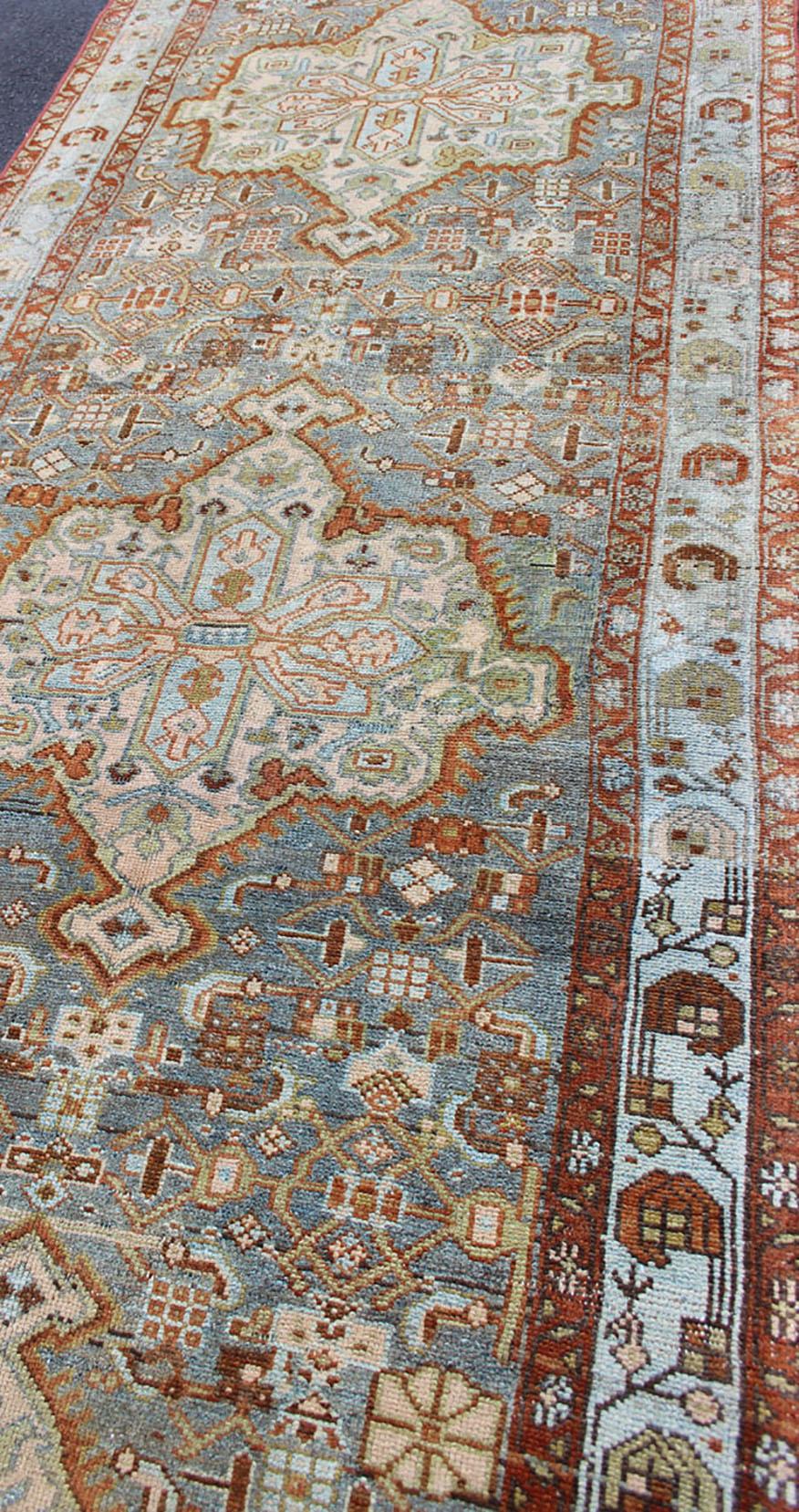 Gray Blue and Rust Antique Persian Long Malayer Runner with Geometric Design For Sale 6