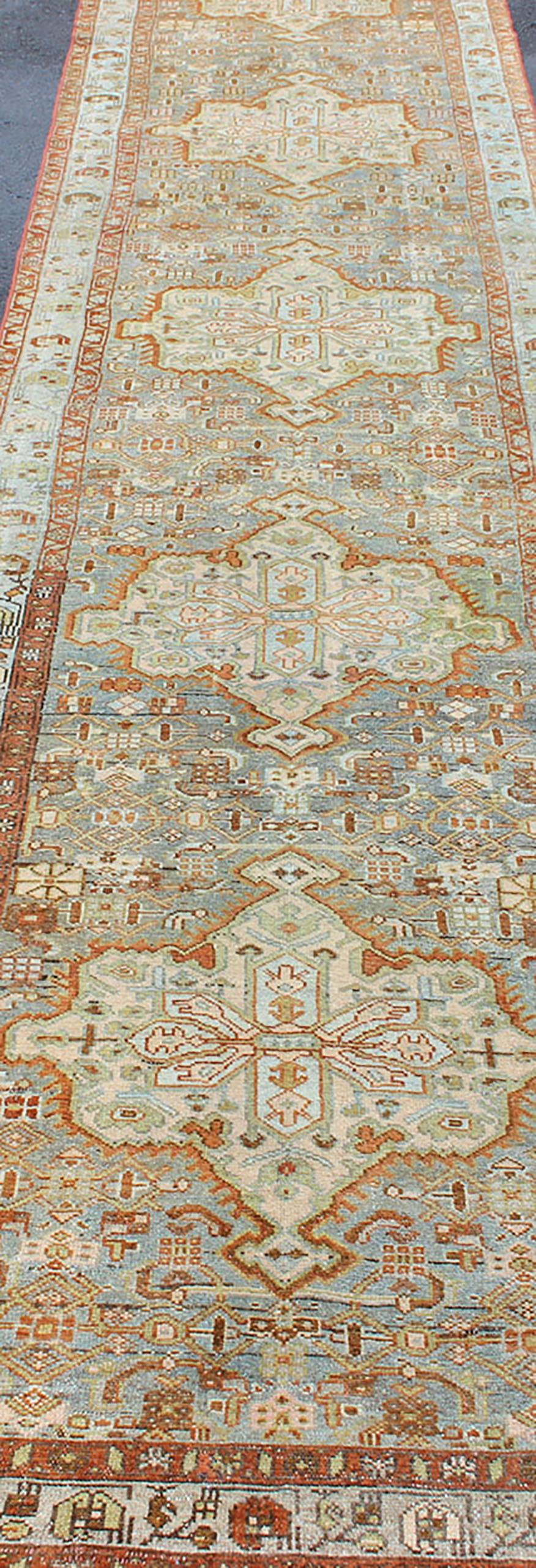 Gray Blue and Rust Antique Persian Long Malayer Runner with Geometric Design For Sale 7