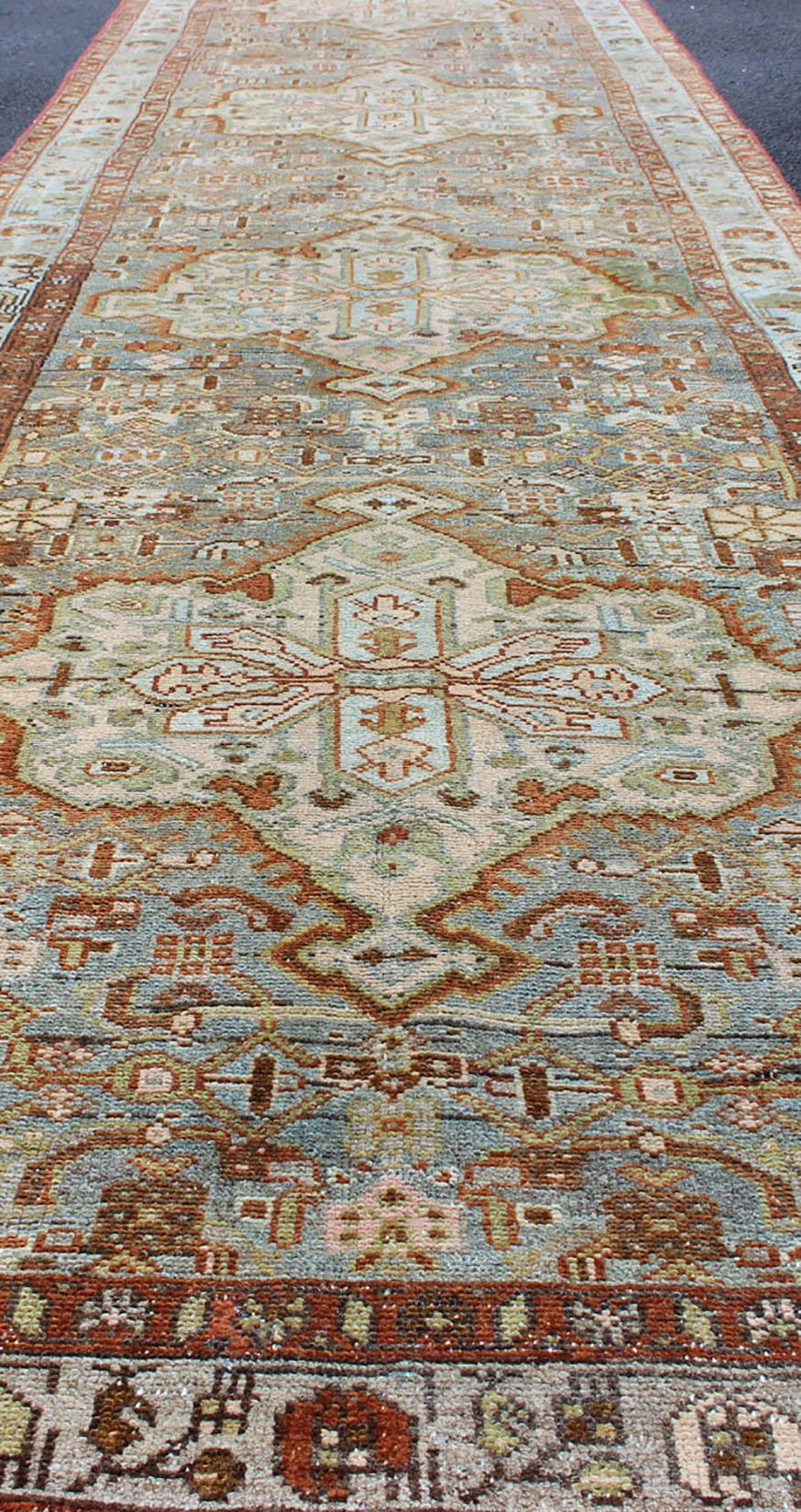 Gray Blue and Rust Antique Persian Long Malayer Runner with Geometric Design For Sale 8