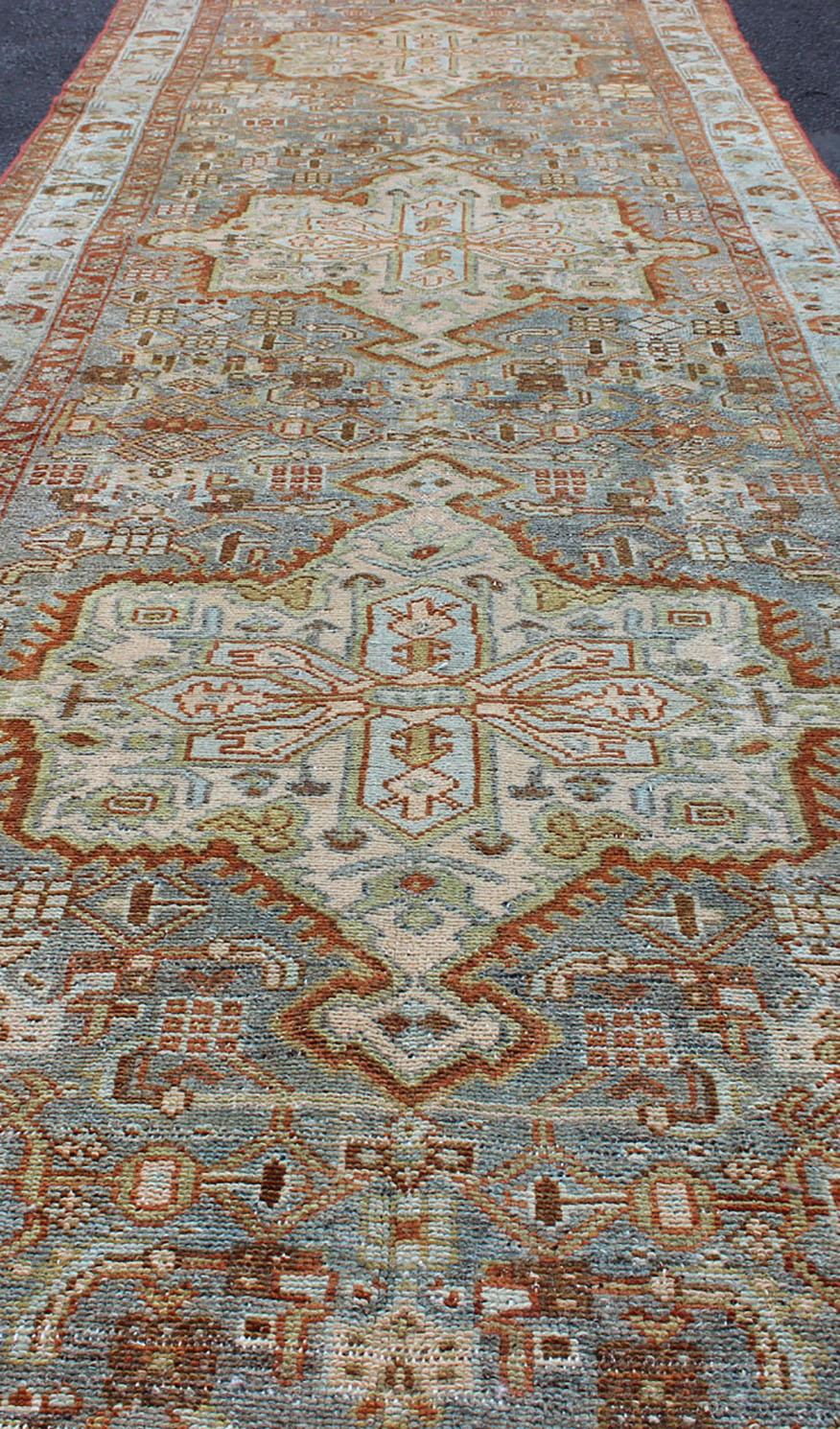 Gray Blue and Rust Antique Persian Long Malayer Runner with Geometric Design For Sale 9
