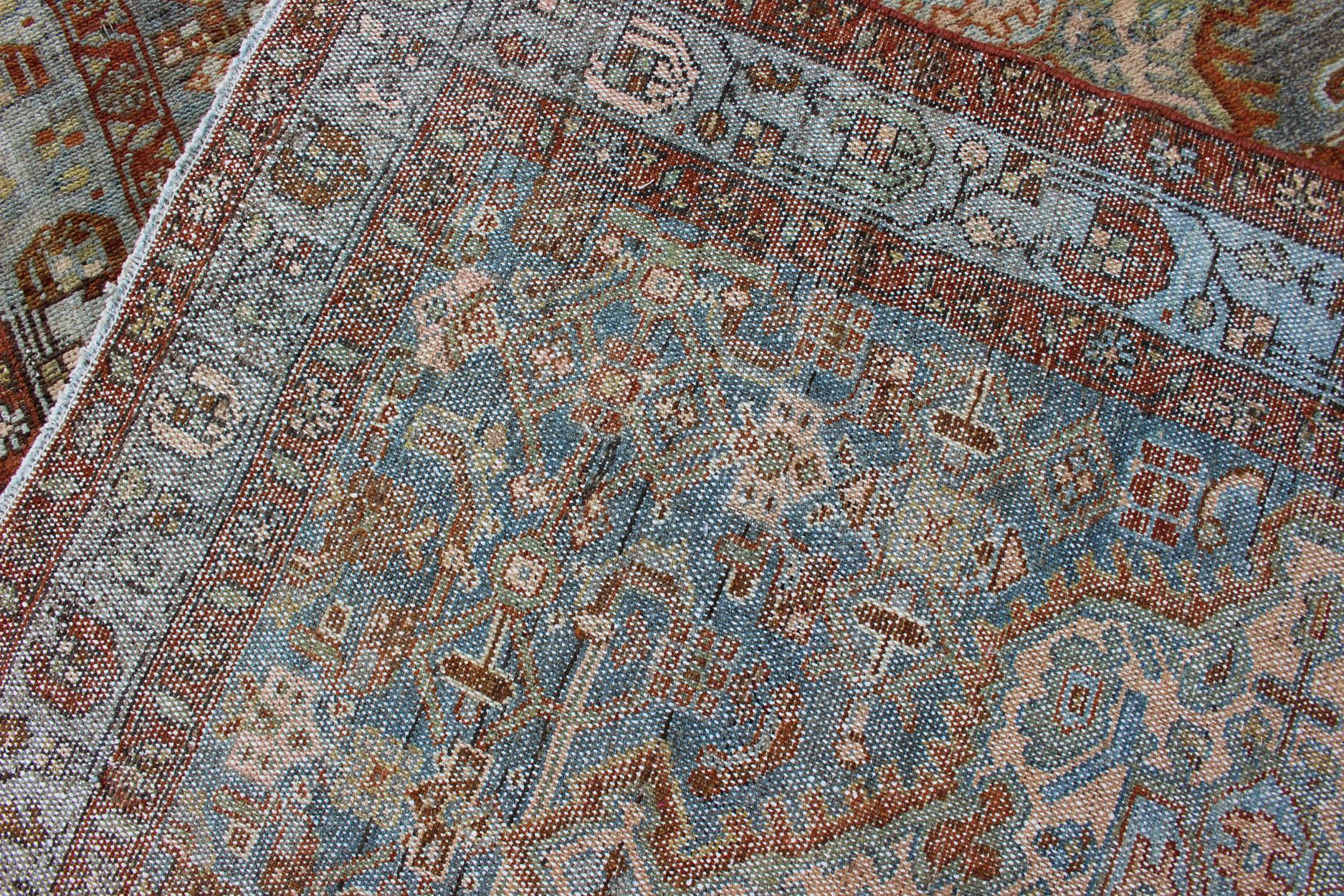 Gray Blue and Rust Antique Persian Long Malayer Runner with Geometric Design For Sale 10