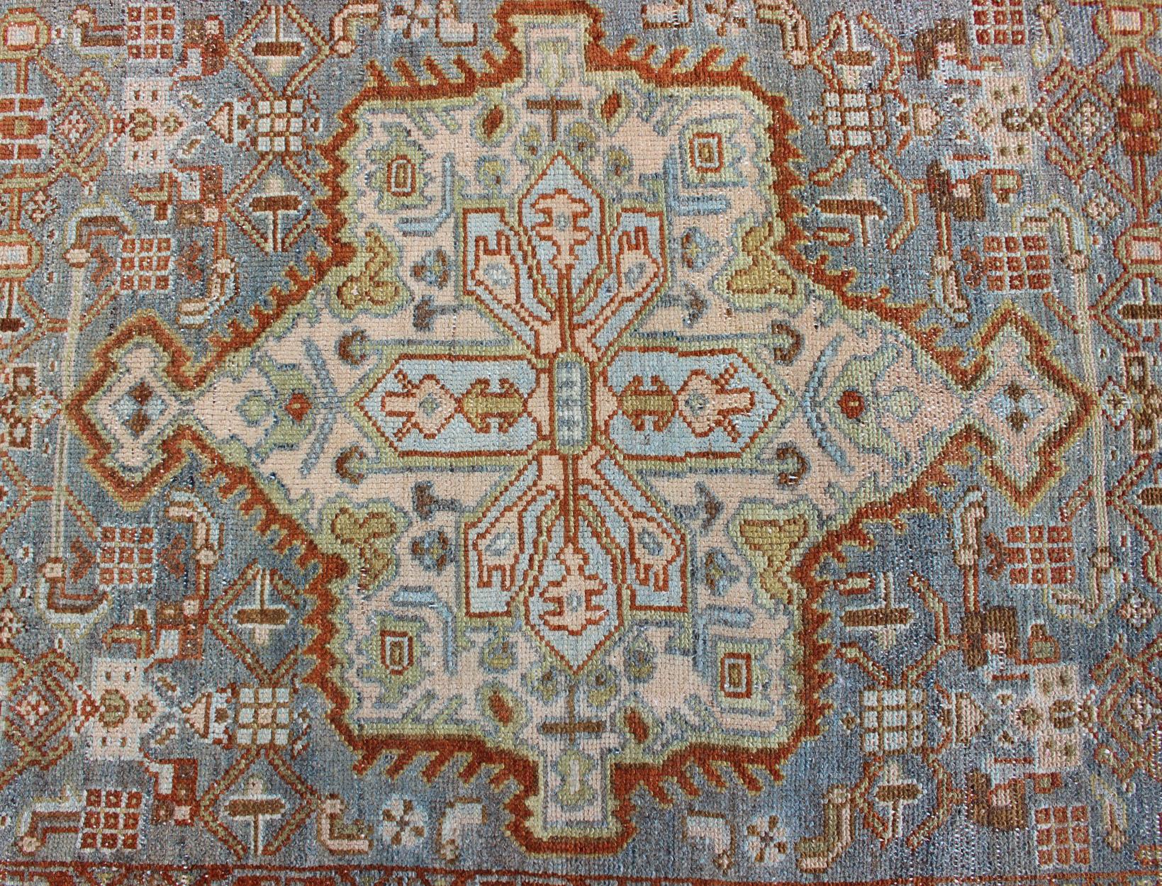 Hand-Knotted Gray Blue and Rust Antique Persian Long Malayer Runner with Geometric Design For Sale