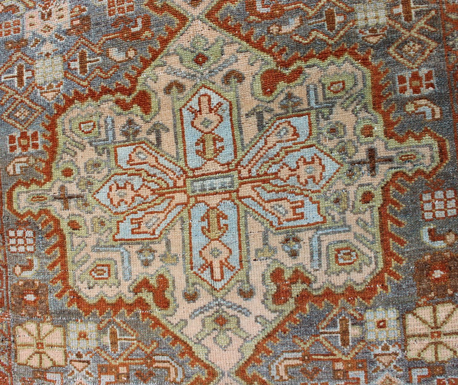 Gray Blue and Rust Antique Persian Long Malayer Runner with Geometric Design In Good Condition For Sale In Atlanta, GA