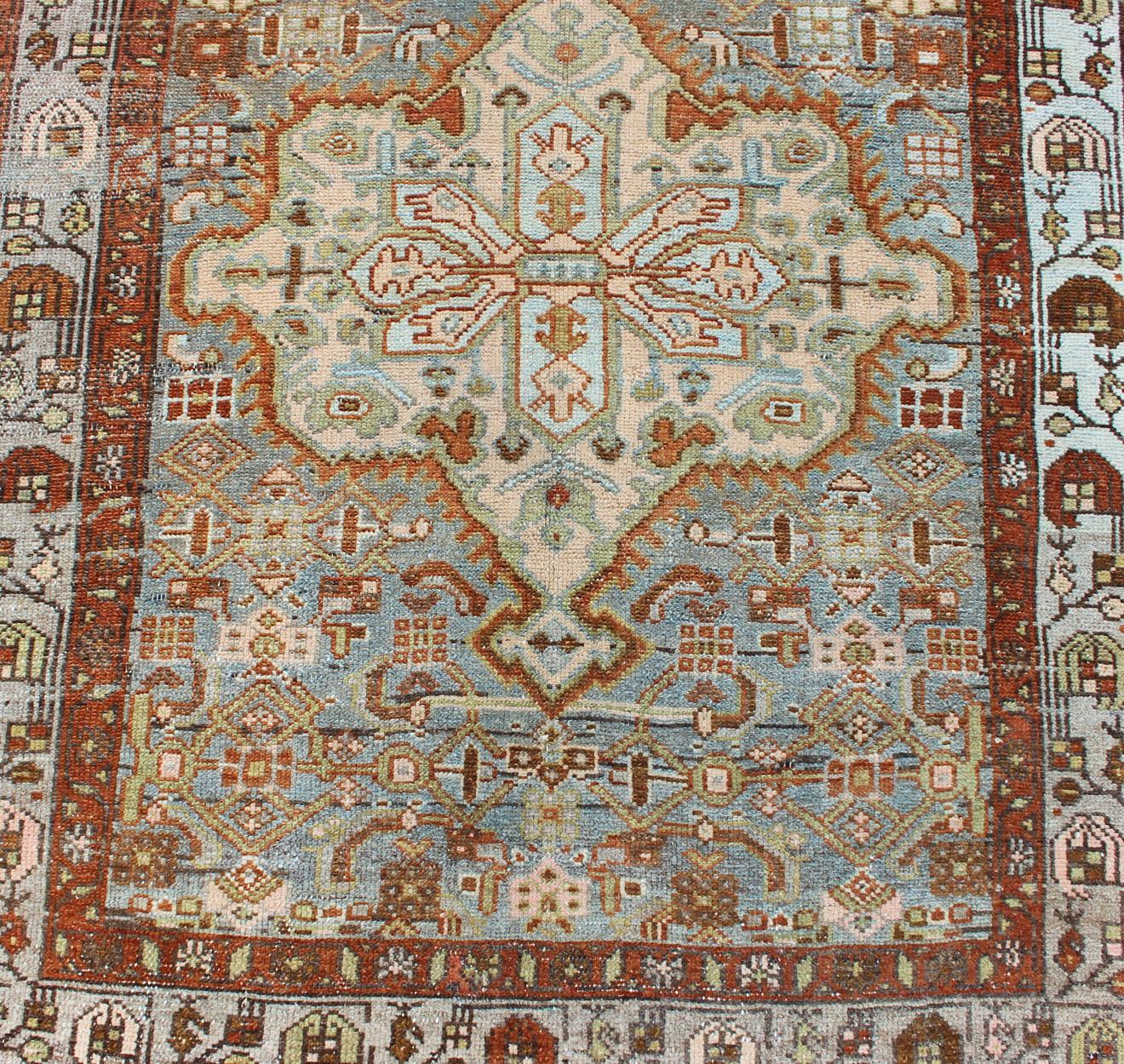 Gray Blue and Rust Antique Persian Long Malayer Runner with Geometric Design For Sale 1
