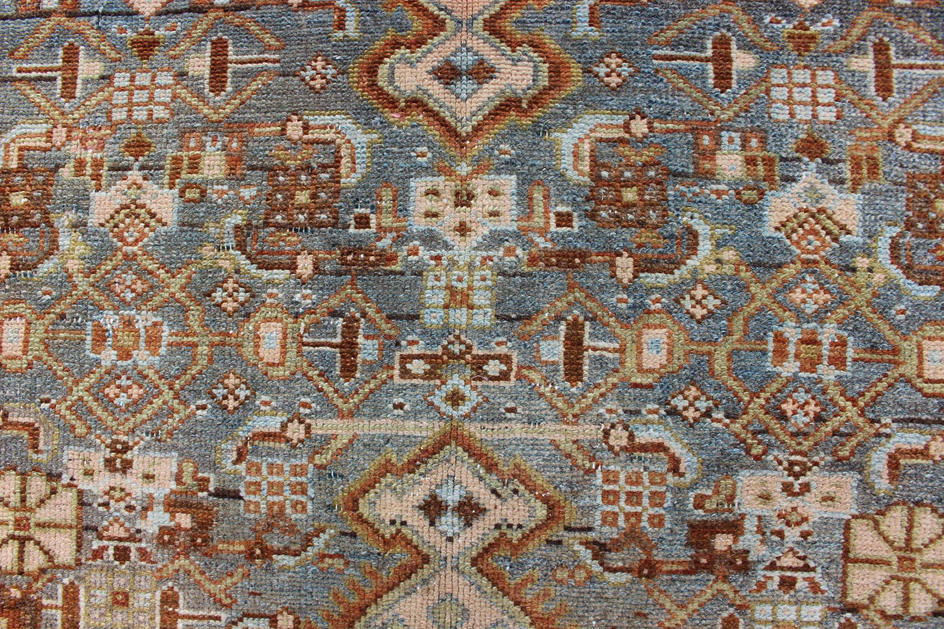 Gray Blue and Rust Antique Persian Long Malayer Runner with Geometric Design For Sale 2
