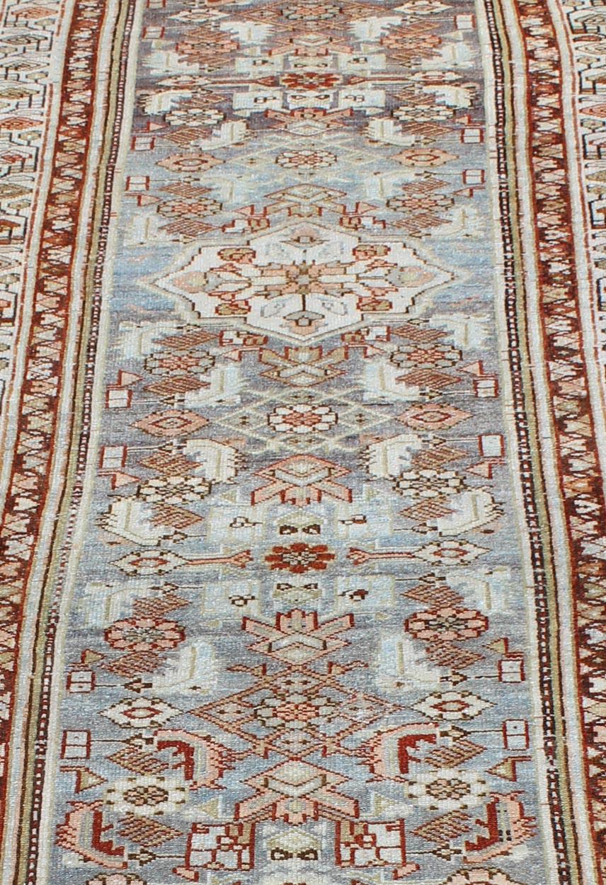 Gray Blue, Salmon & Red Antique Persian Malayer Runner with Geometric Design For Sale 5