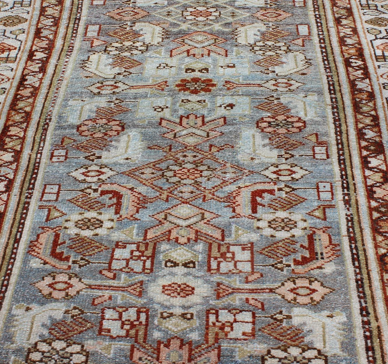 Gray Blue, Salmon & Red Antique Persian Malayer Runner with Geometric Design For Sale 6