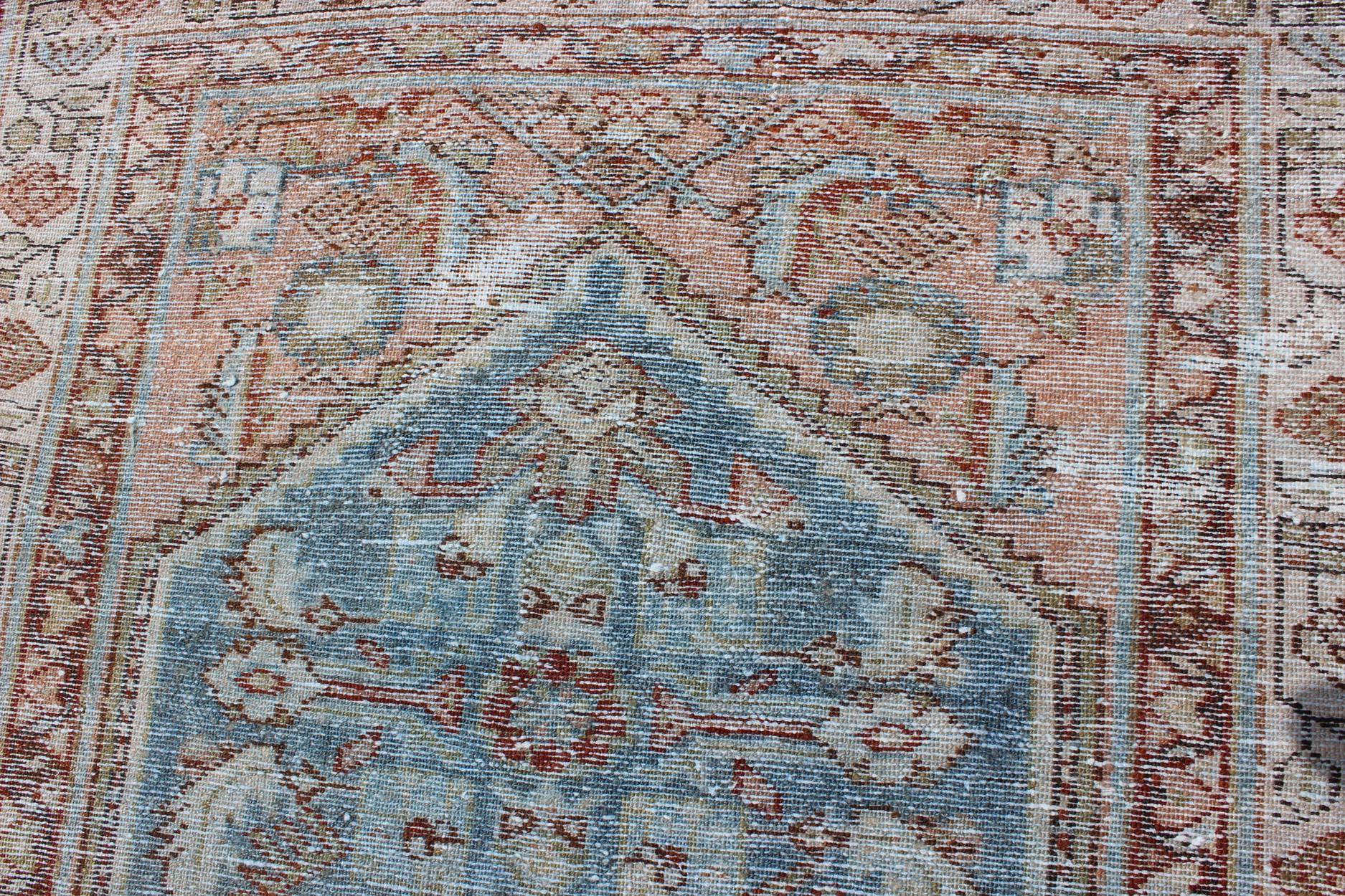 Gray Blue, Salmon & Red Antique Persian Malayer Runner with Geometric Design For Sale 7