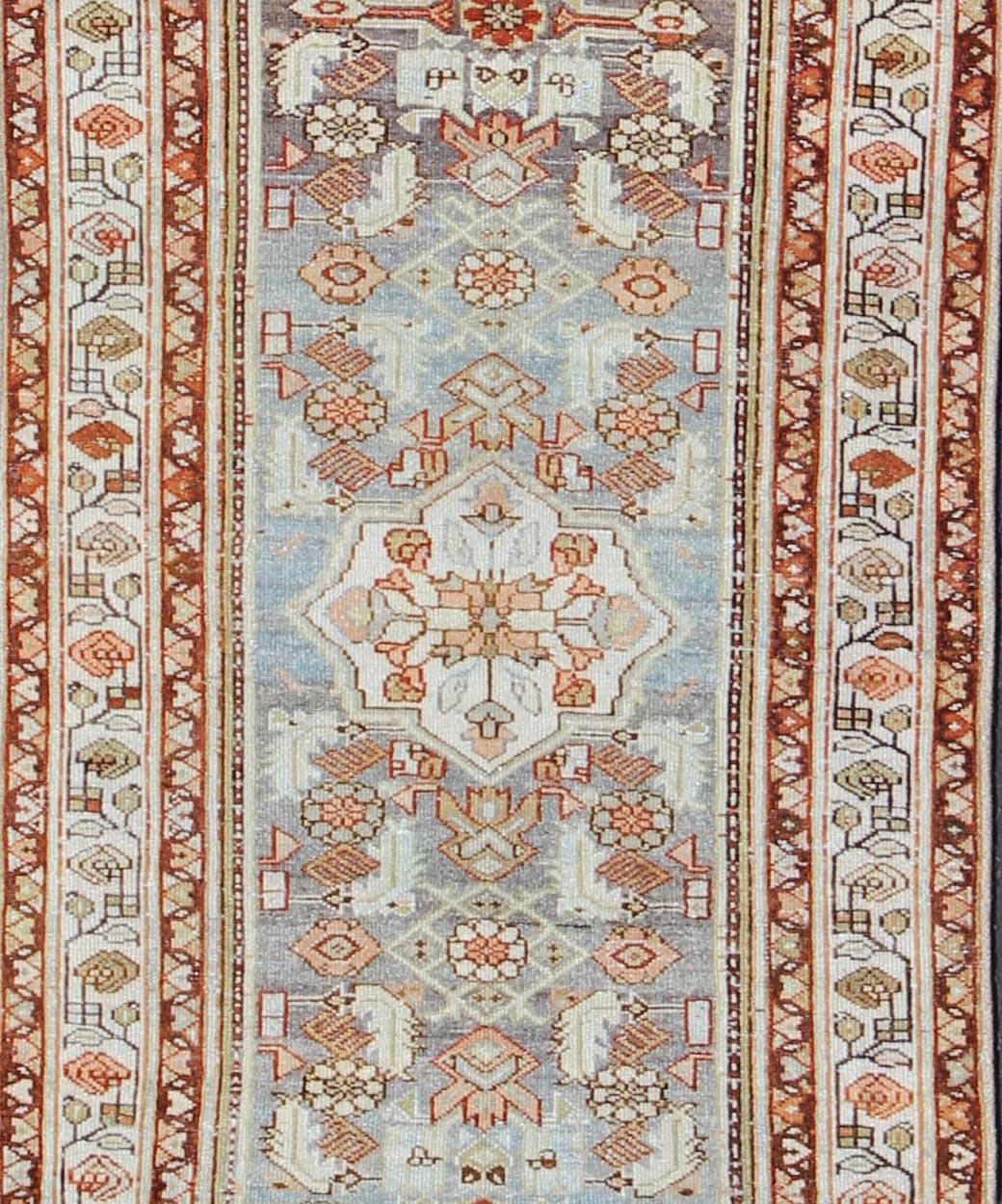 Hand-Knotted Gray Blue, Salmon & Red Antique Persian Malayer Runner with Geometric Design For Sale