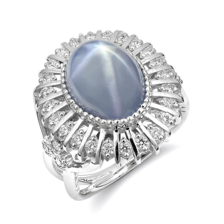 Gray-Blue Star Sapphire 10.06 Carat Diamond set in 14K White Gold Ring  In New Condition For Sale In Los Angeles, CA
