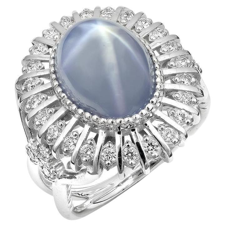 Gray-Blue Star Sapphire 10.06 Carat Diamond set in 14K White Gold Ring  For Sale