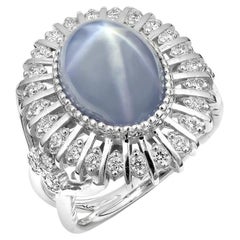 Gray-Blue Star Sapphire 10.06 Carat Diamond set in 14K White Gold Ring 