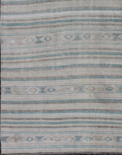 Vintage Turkish Kilim Rug with Pale Blue, Soft Taupe, and Ivory Tribal Stripes
