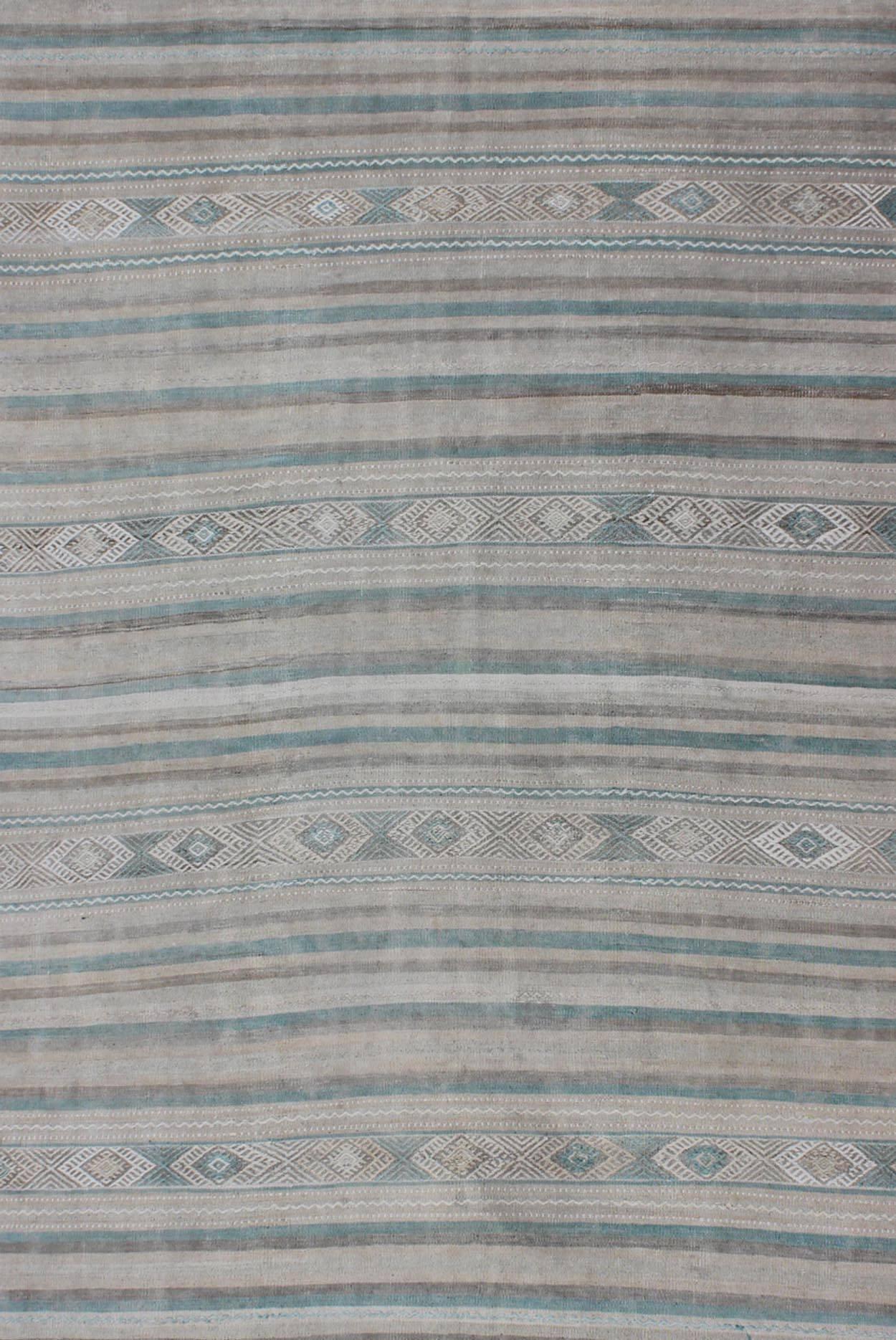 Hand-Woven Gray, Blue Green, Taupe, and Camel Vintage Turkish Kilim with Geometric For Sale