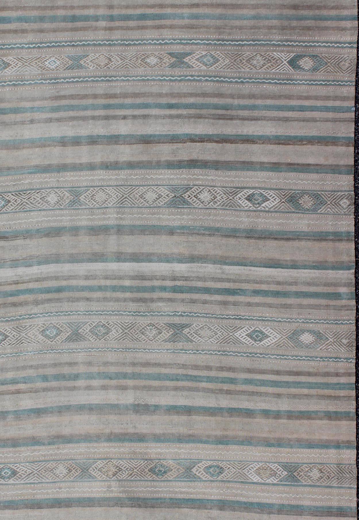 Gray, Blue Green, Taupe, and Camel Vintage Turkish Kilim with Geometric In Excellent Condition For Sale In Atlanta, GA