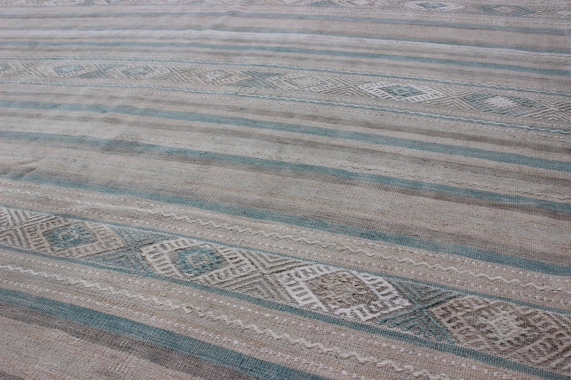 Mid-20th Century Gray, Blue Green, Taupe, and Camel Vintage Turkish Kilim with Geometric For Sale