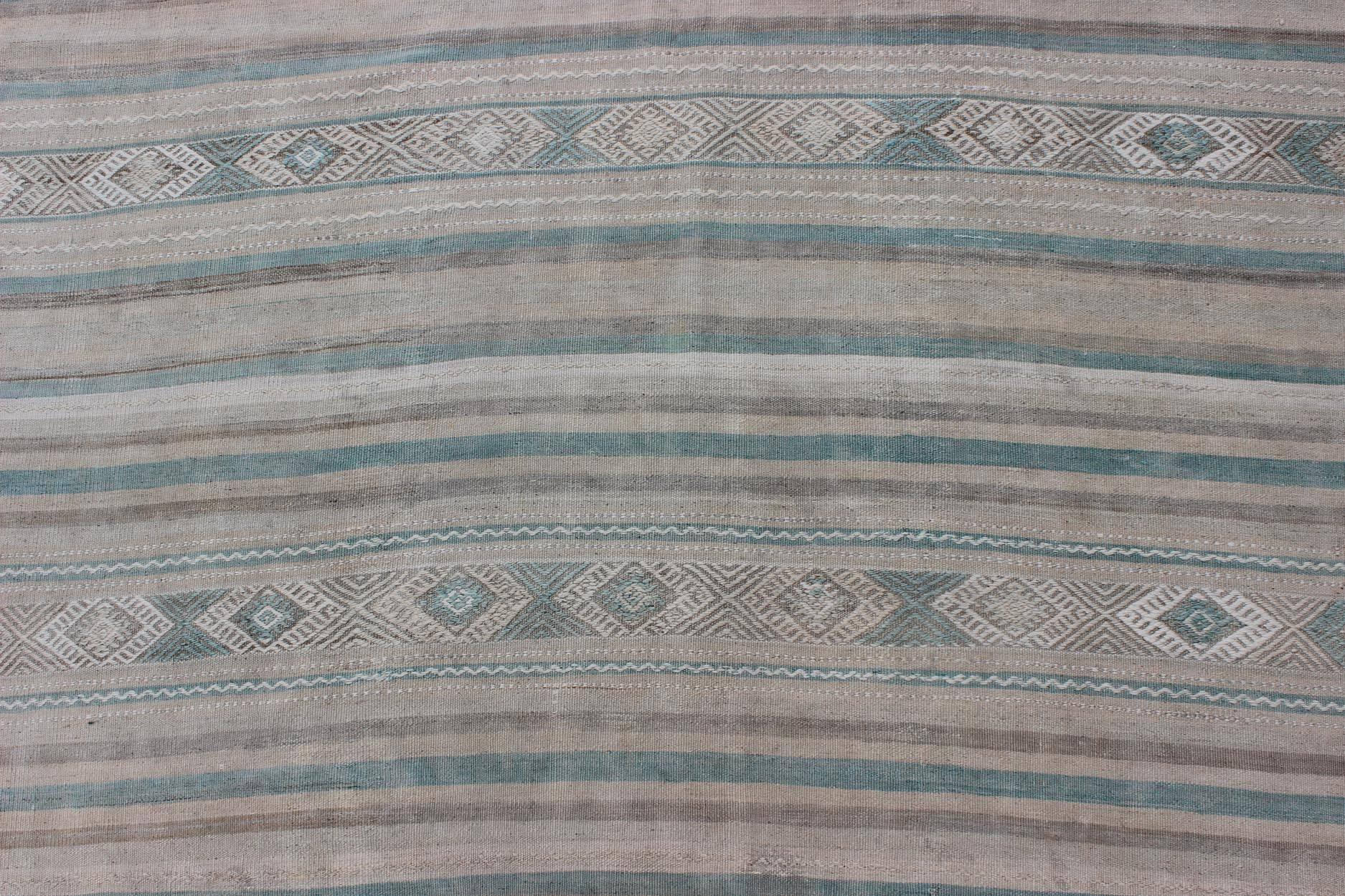 Wool Gray, Blue Green, Taupe, and Camel Vintage Turkish Kilim with Geometric For Sale