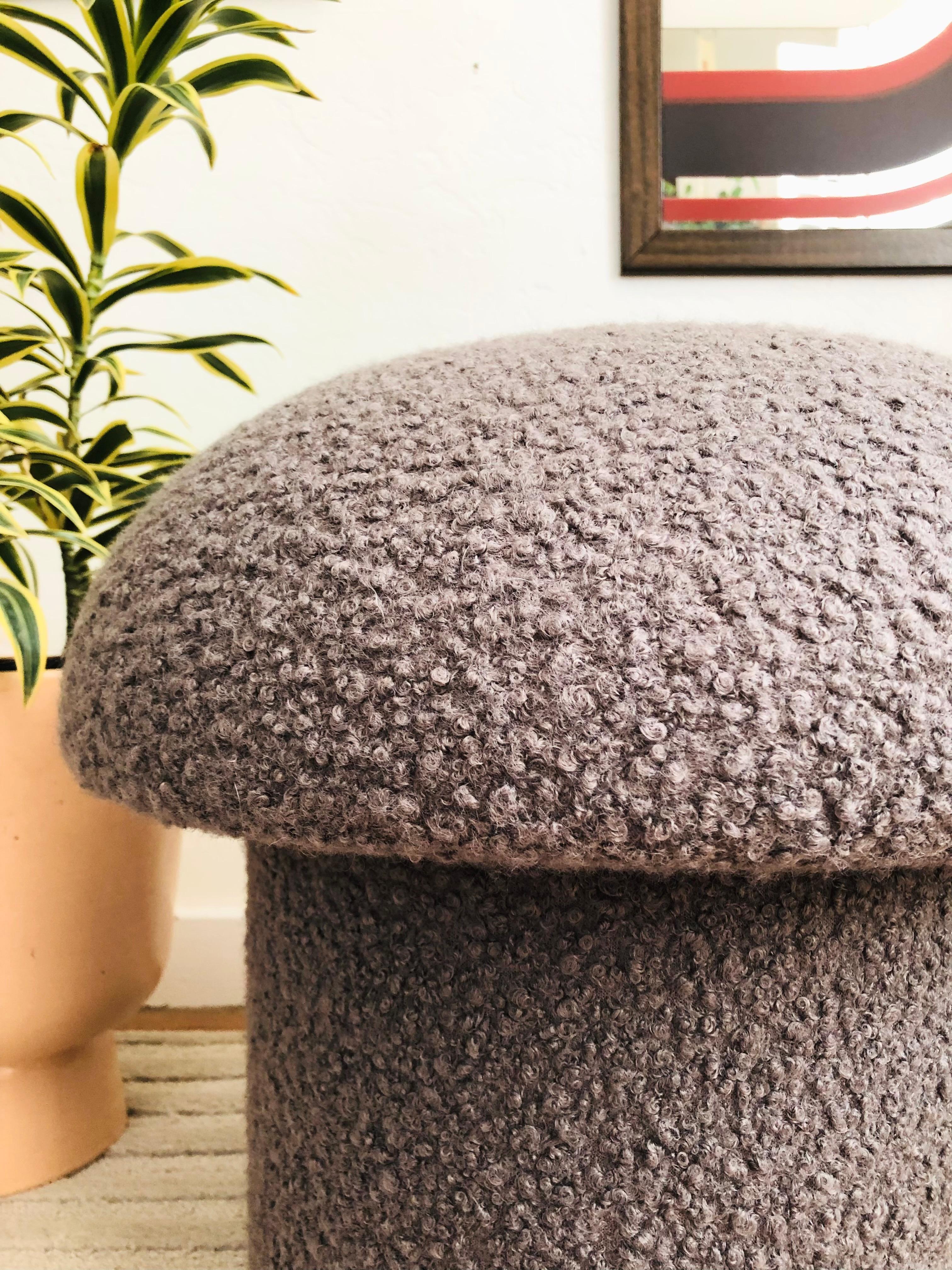 Contemporary Mushroom Ottoman in Gray Boucle