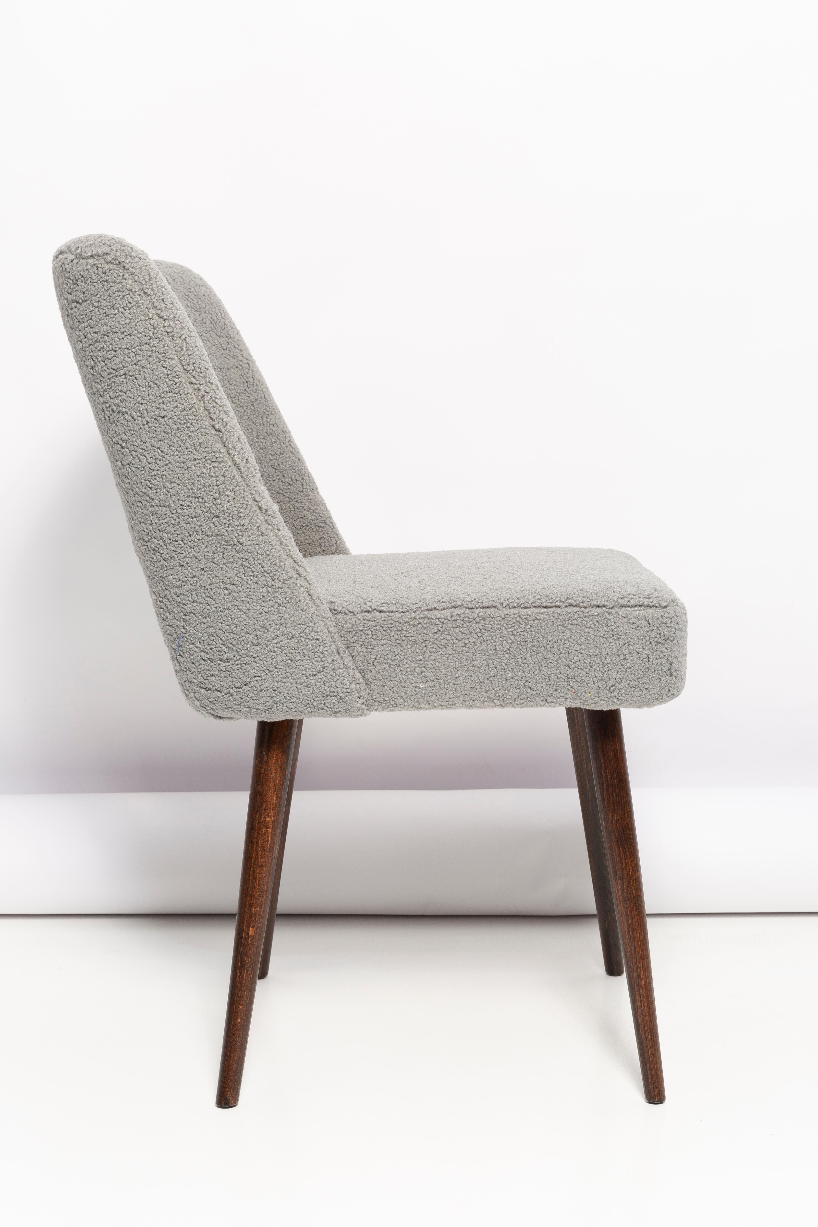 Mid-Century Modern Gray Boucle 'Shell' Chair, Dark Brown Beech Wood, Poland, 1960s For Sale