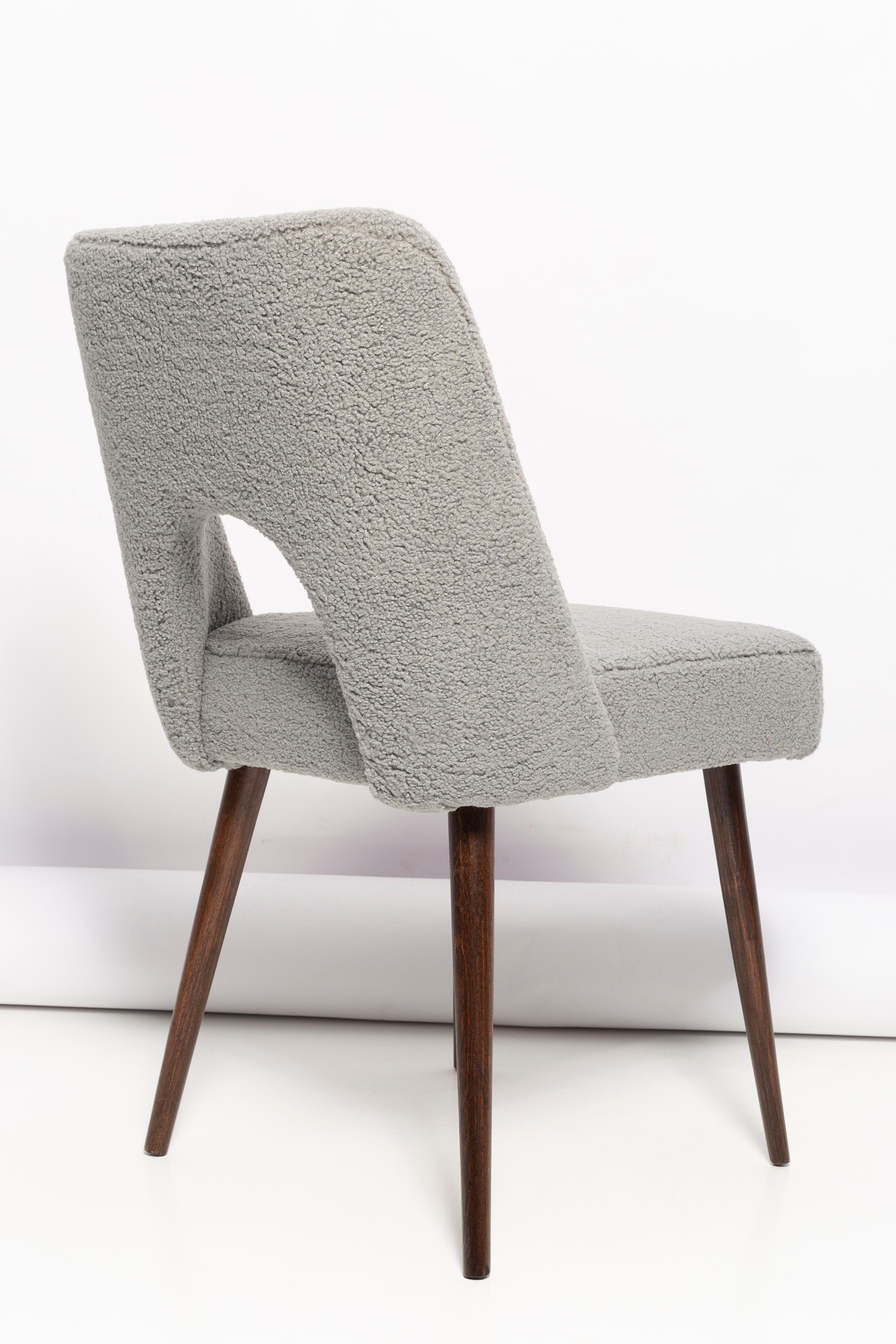 Hand-Crafted Gray Boucle 'Shell' Chair, Dark Brown Beech Wood, Poland, 1960s For Sale