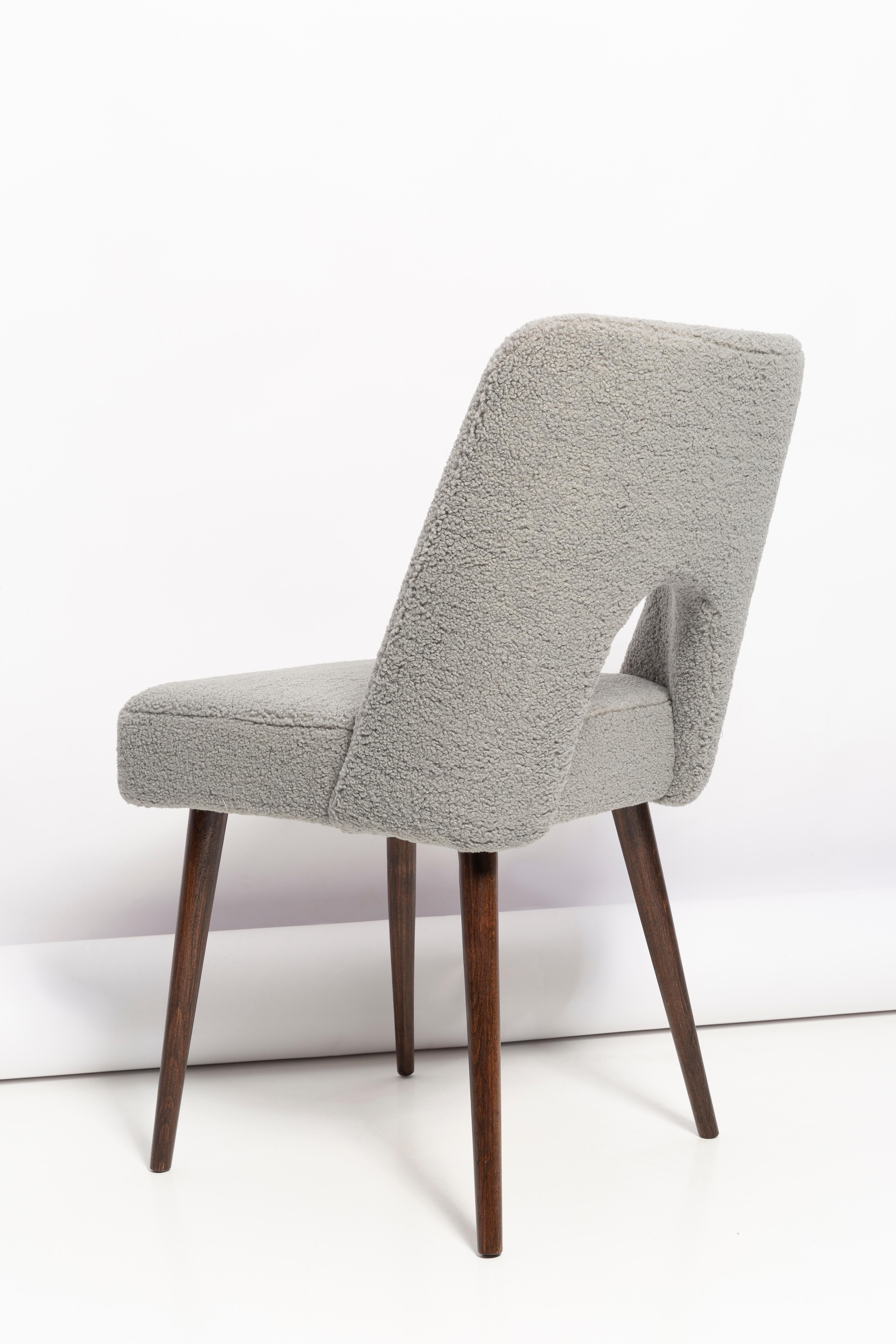 Textile Gray Boucle 'Shell' Chair, Dark Brown Beech Wood, Poland, 1960s For Sale