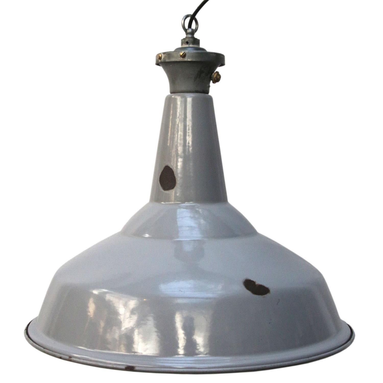 Cast Gray British Enamel Vintage Industrial Pendant Lamp