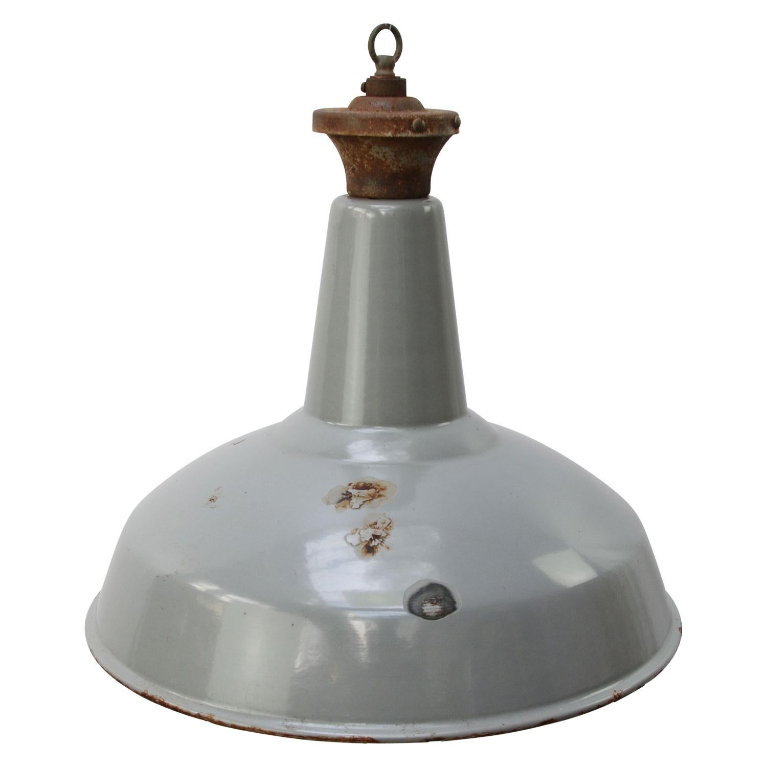 English Industrial vintage pendant
grey enamel with white inside

Weight: 3.50 kg / 7.7 lb

Priced per individual item. All lamps have been made suitable by international standards for incandescent light bulbs, energy-efficient and LED bulbs.