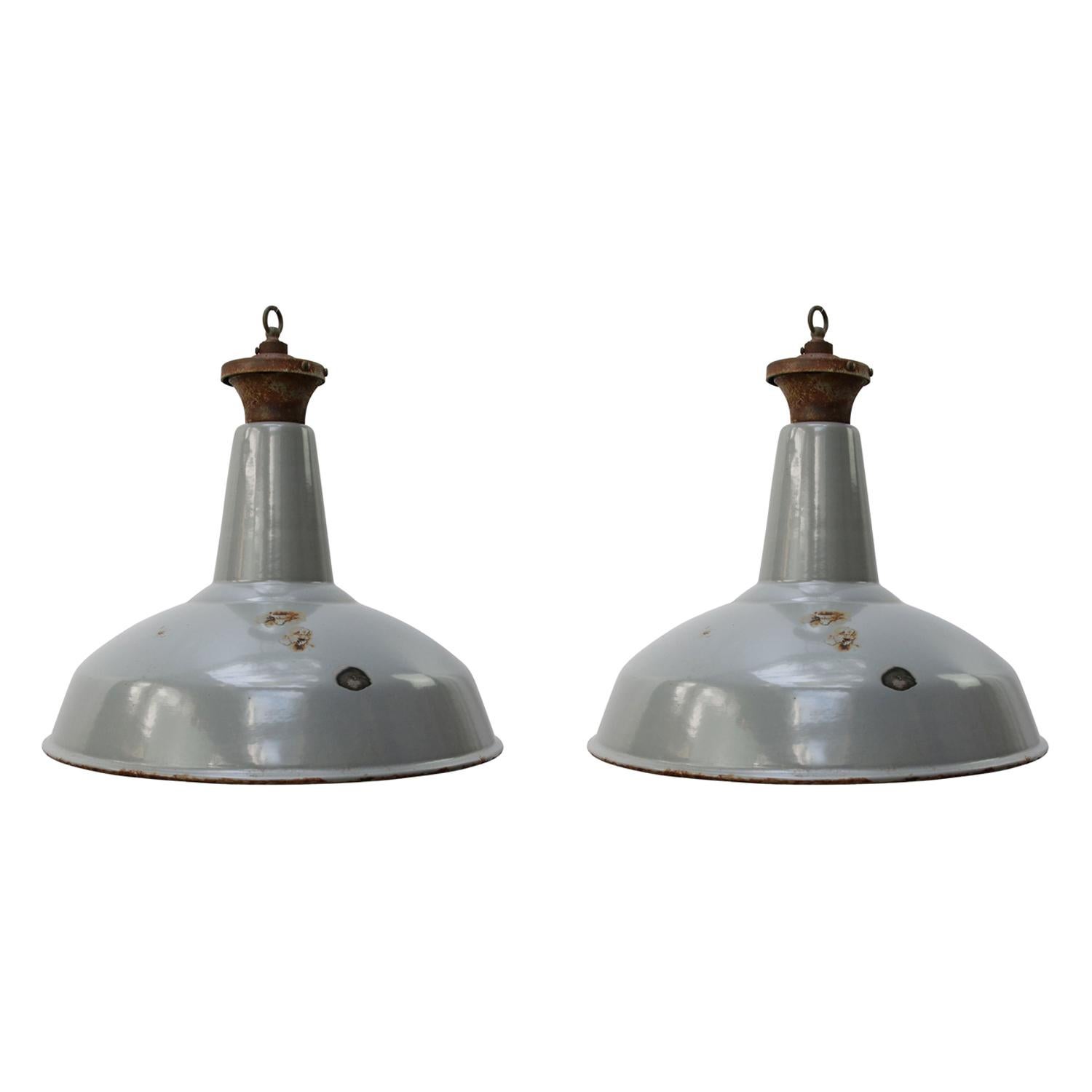 Gray British Enamel Vintage Industrial Pendant Lamps For Sale