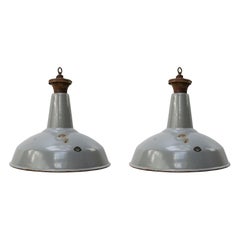 Gray British Enamel Vintage Industrial Pendant Lamps