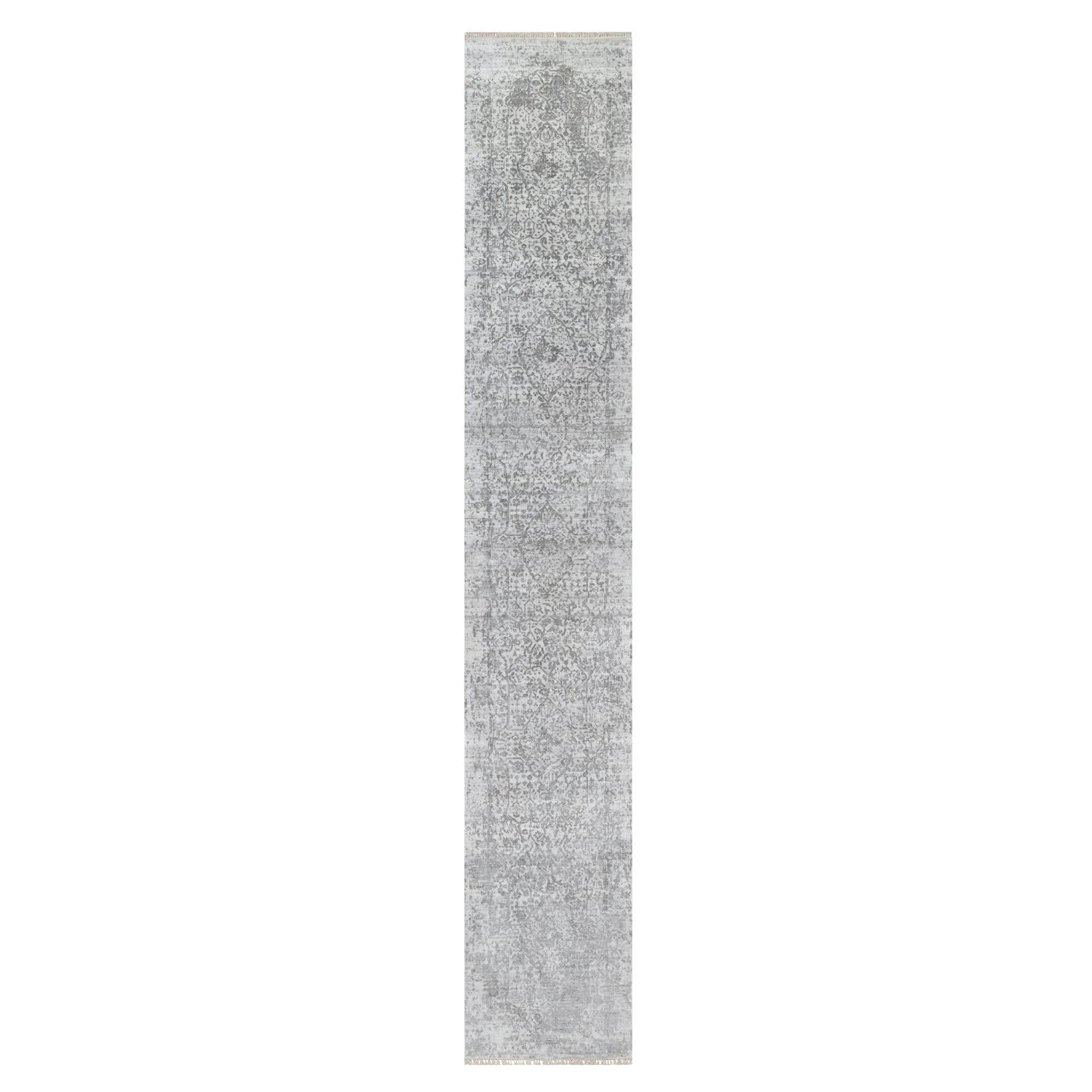 Tapis de couloir gris Broken Persian Design noué à la main en laine et soie XL 2'7" x 16'0"