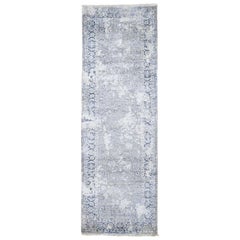 Gray Broken Persian Design with Pure Silk Runner Hand Knotted Oriental Rug