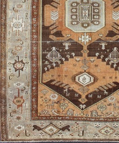 Geometric Design Antique Persian Hamedan Rug in Brown, Light Green & Apricot