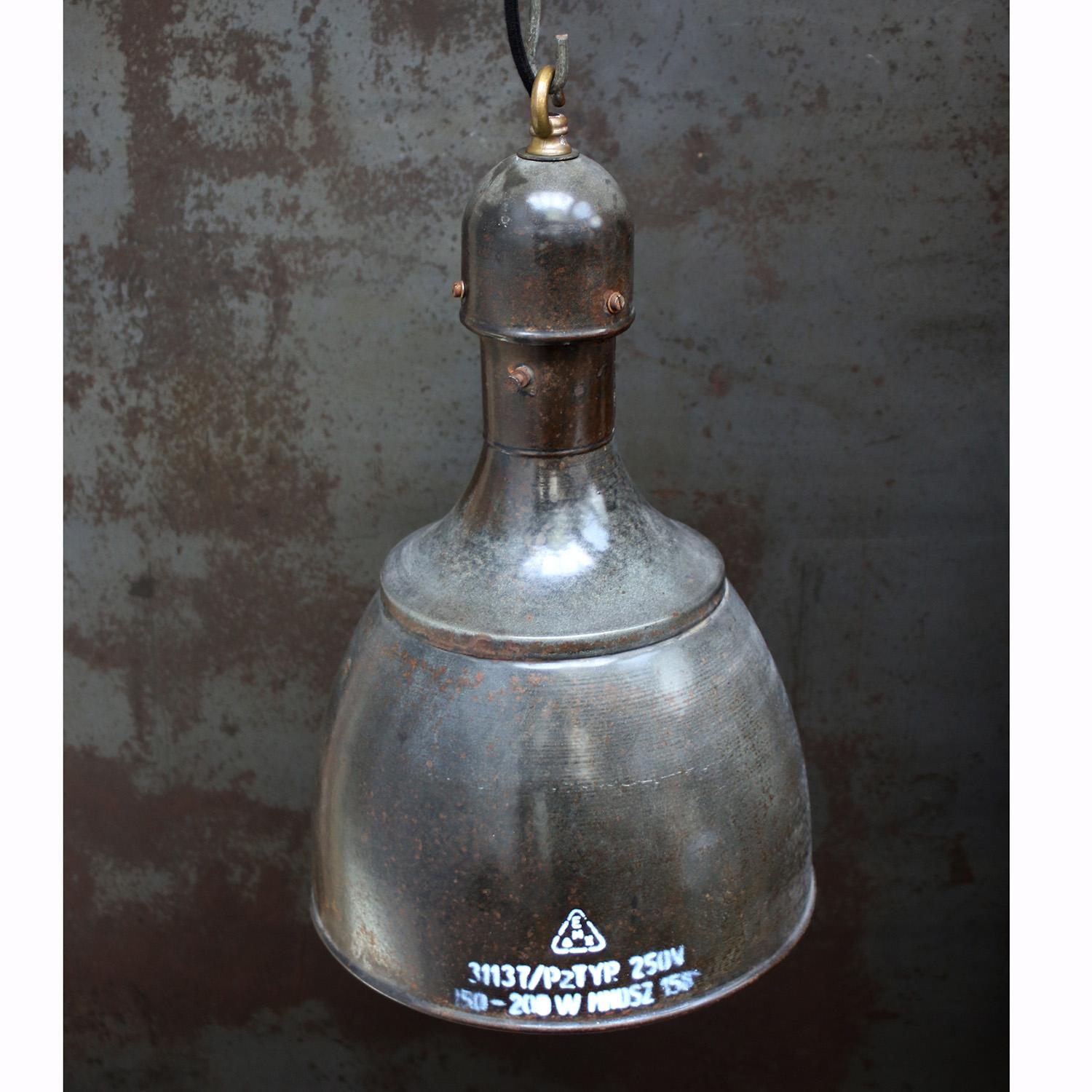 Hungarian Gray Brown Enamel Vintage Industrial Brass Pendant Light For Sale