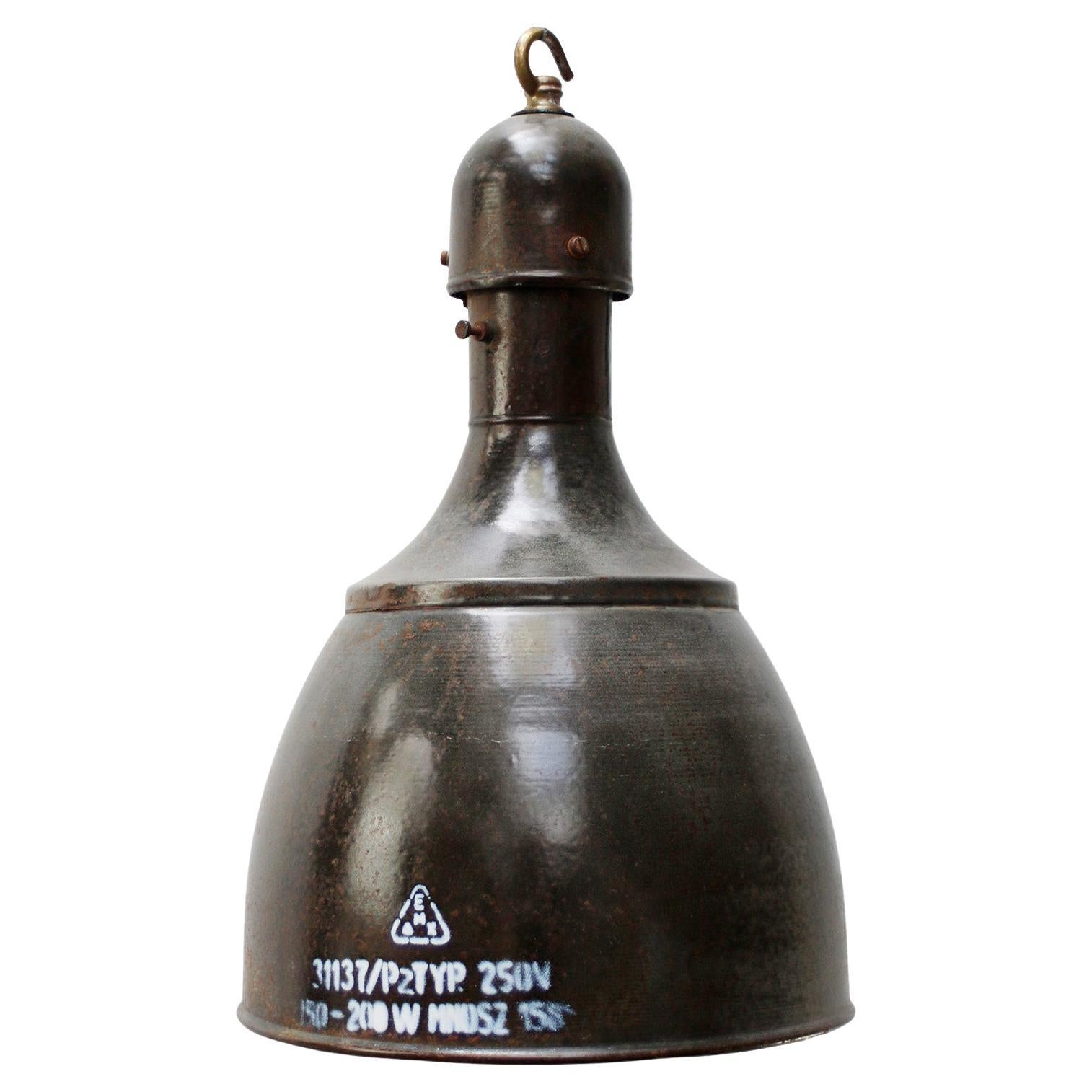 Lampe pendante industrielle en laiton émaillé gris et Brown