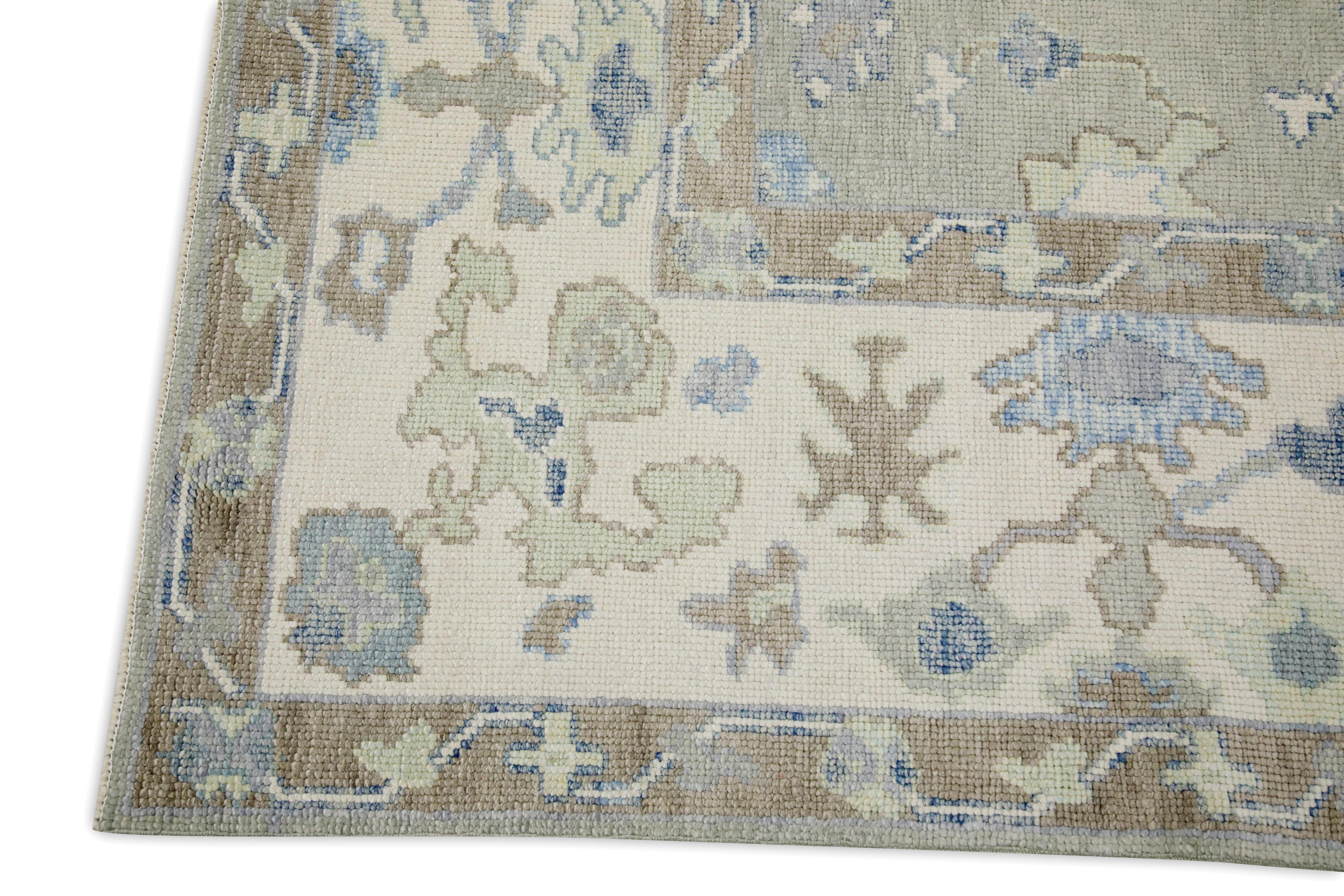 Grau & Brown Floral Design Handwoven Wolle Türkisch Oushak Teppich 8' x 9'6