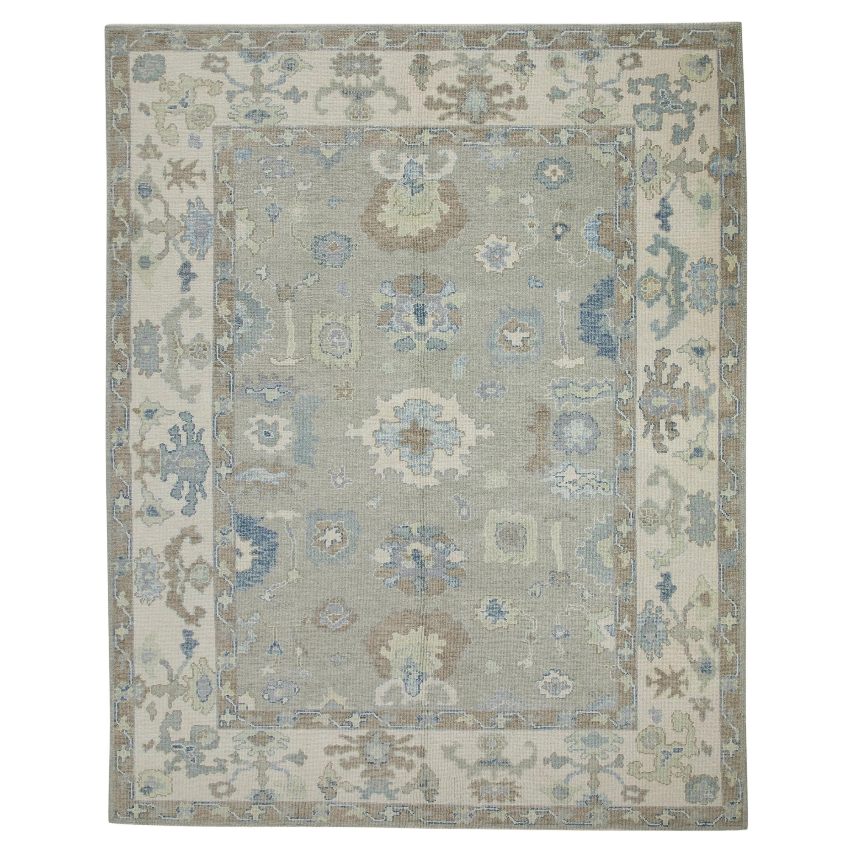Gray & Brown Floral Design Handwoven Wool Turkish Oushak Rug 8' x 9'6" For Sale