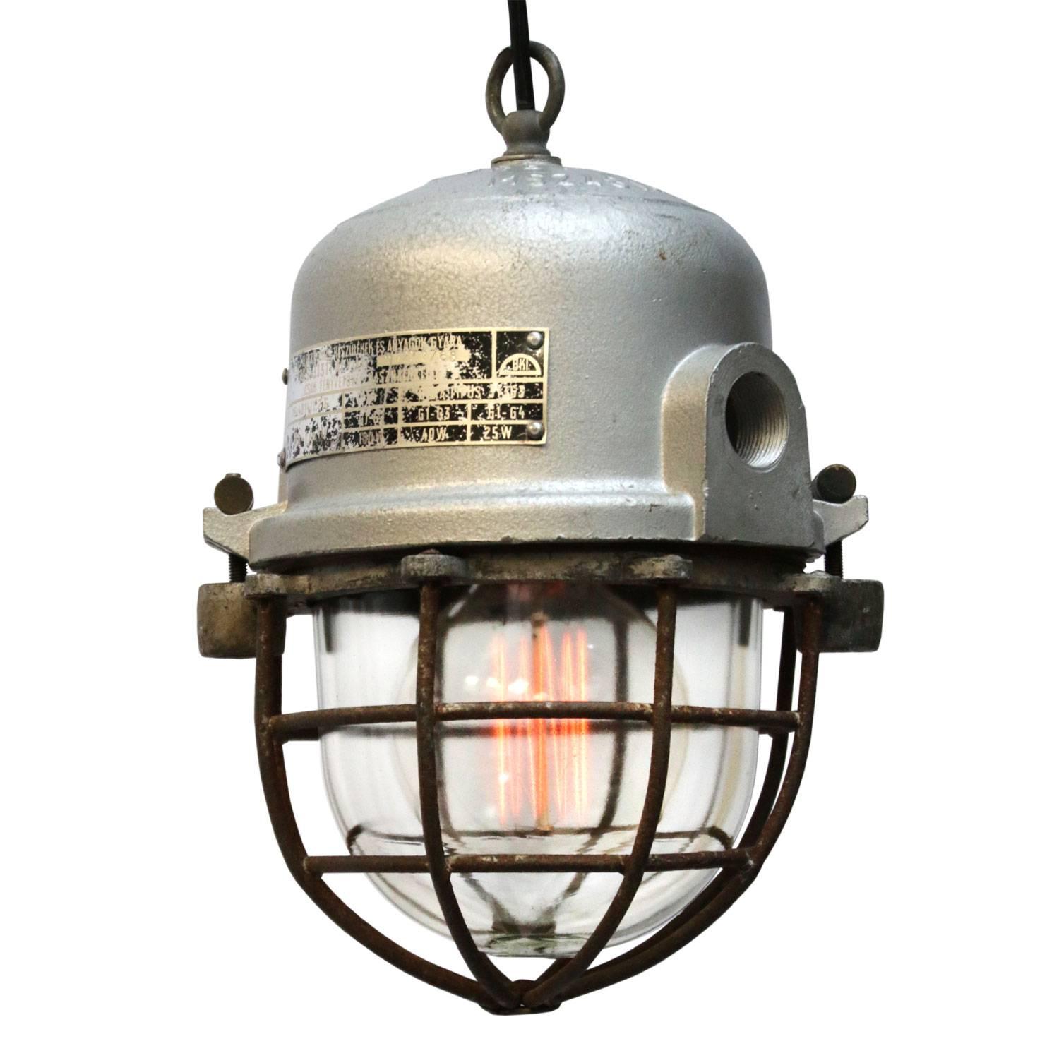 Gray Cast Aluminium Vintage European Industrial Cage Clear Glass Lamp In Good Condition In Amsterdam, NL