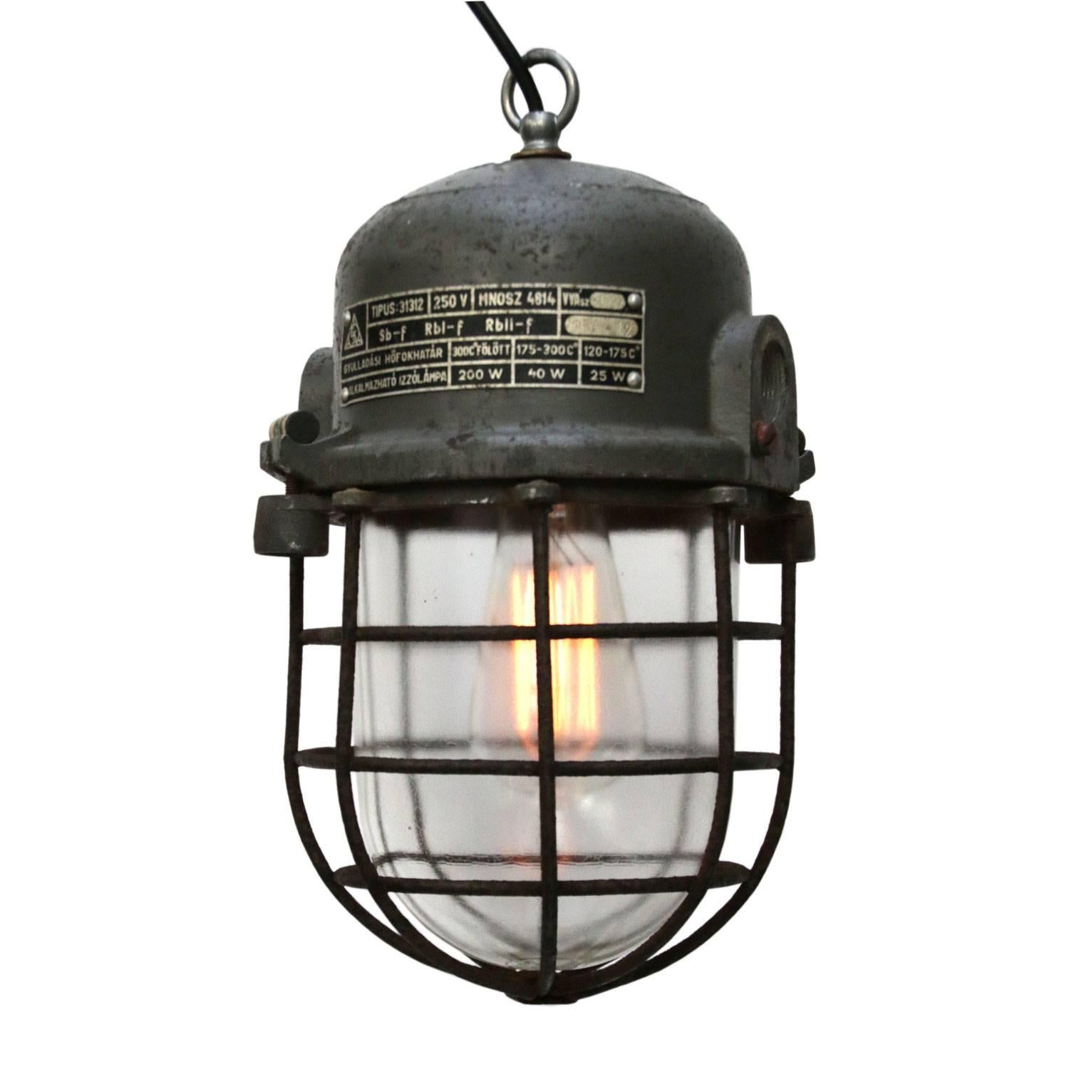 Gray Cast Aluminum Vintage European Industrial Cage Clear Glass Lamps In Good Condition In Amsterdam, NL