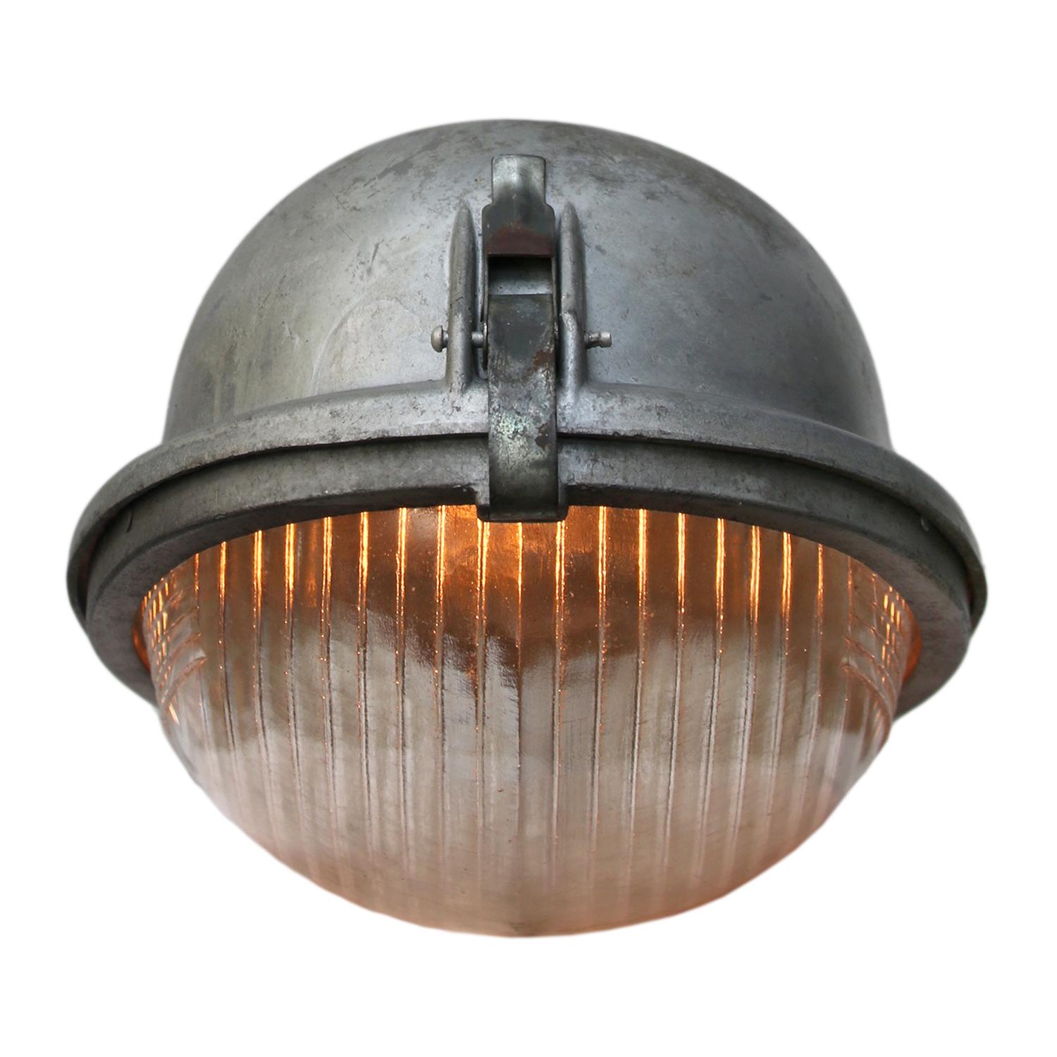 20th Century Gray Cast Aluminium Vintage Industrial Holophane Glass Wall Light